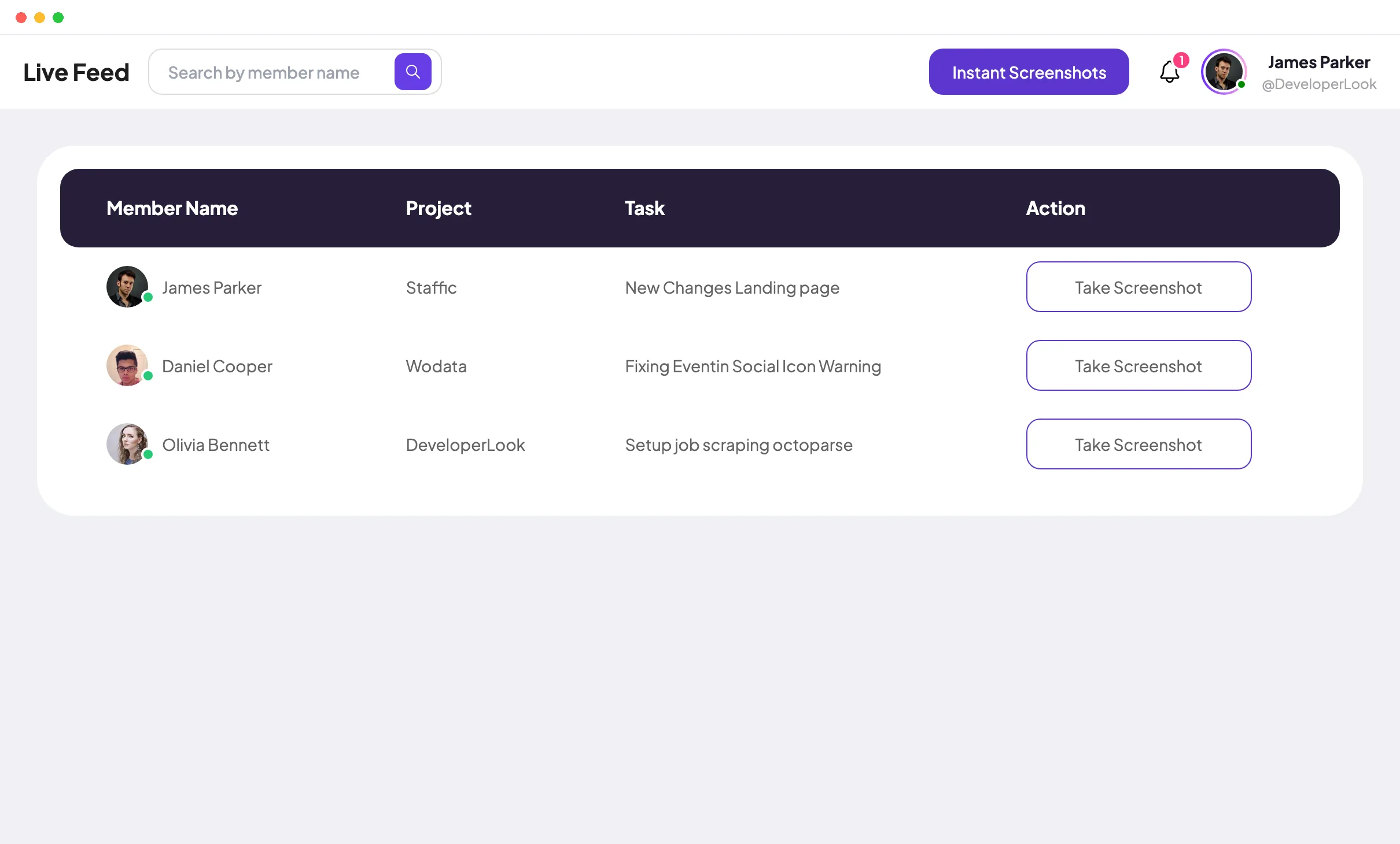 Staffic Live Feed listing members with their projects and tasks