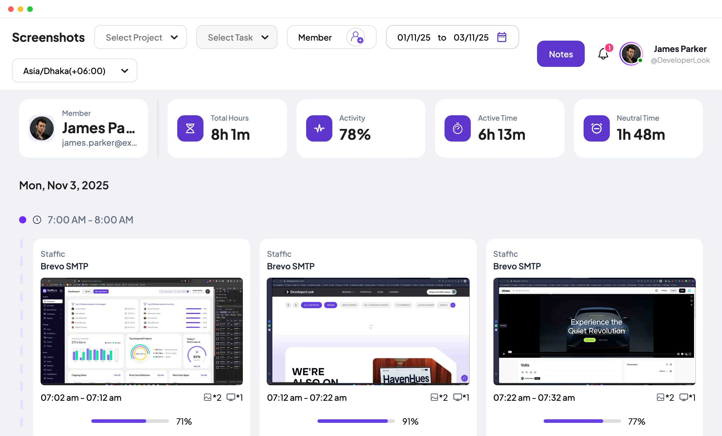 Staffic Screenshots page with a member’s captures grouped by hour