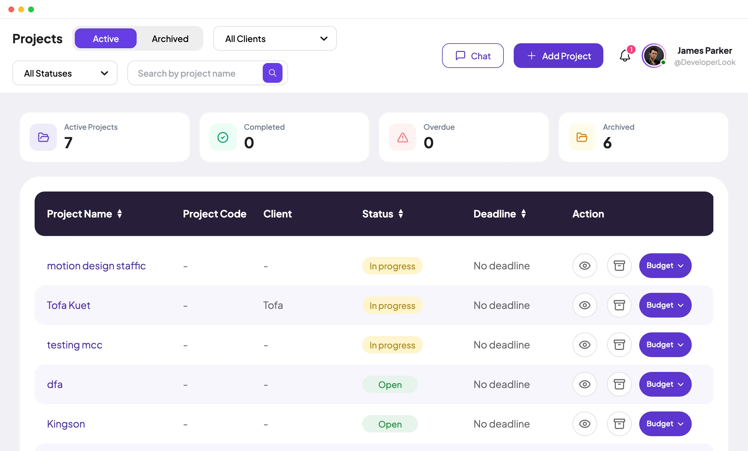 Staffic Projects list with project codes, clients, status and deadlines