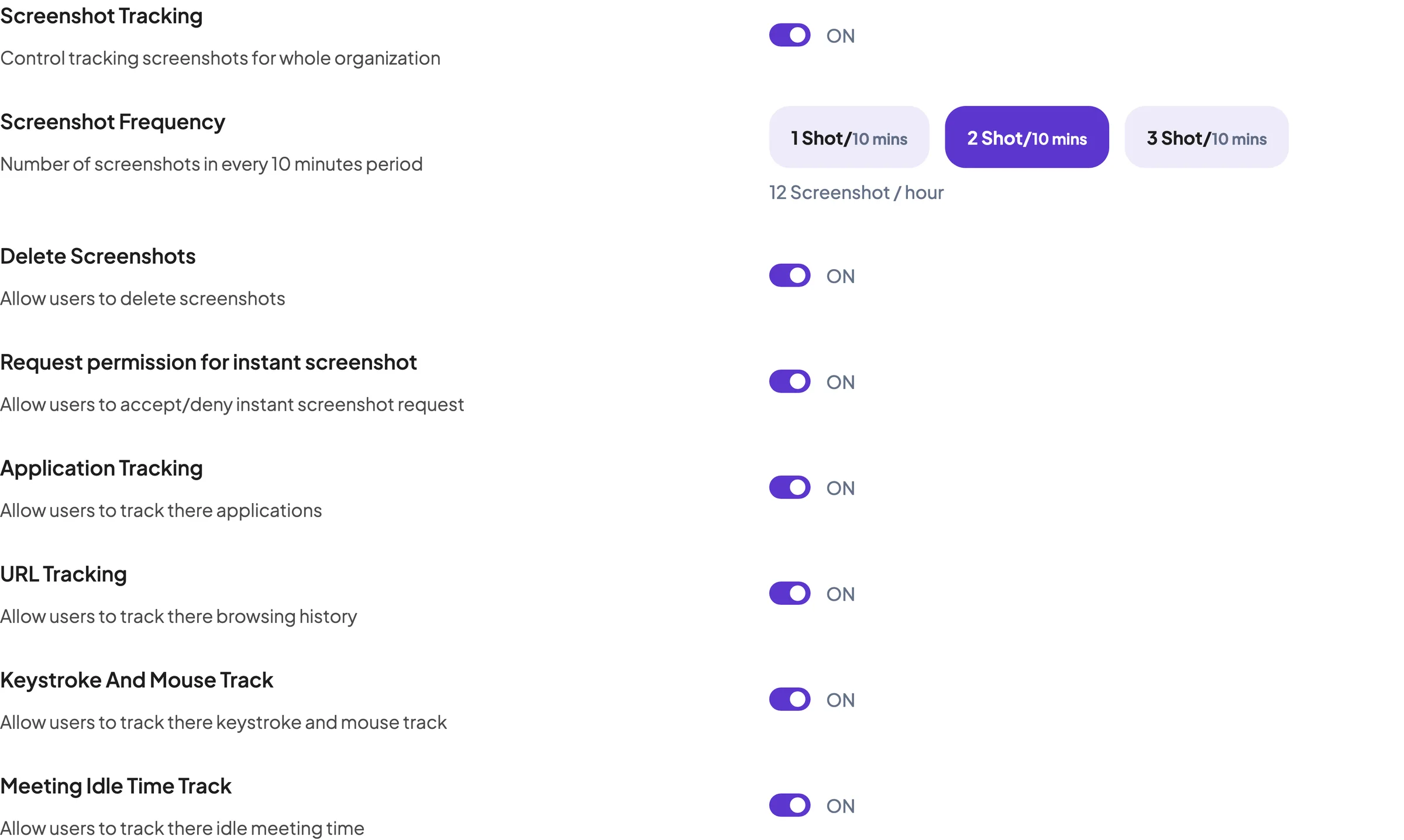 Staffic Activity settings: screenshot tracking and frequency, instant screenshot requests, and app, URL and input tracking
