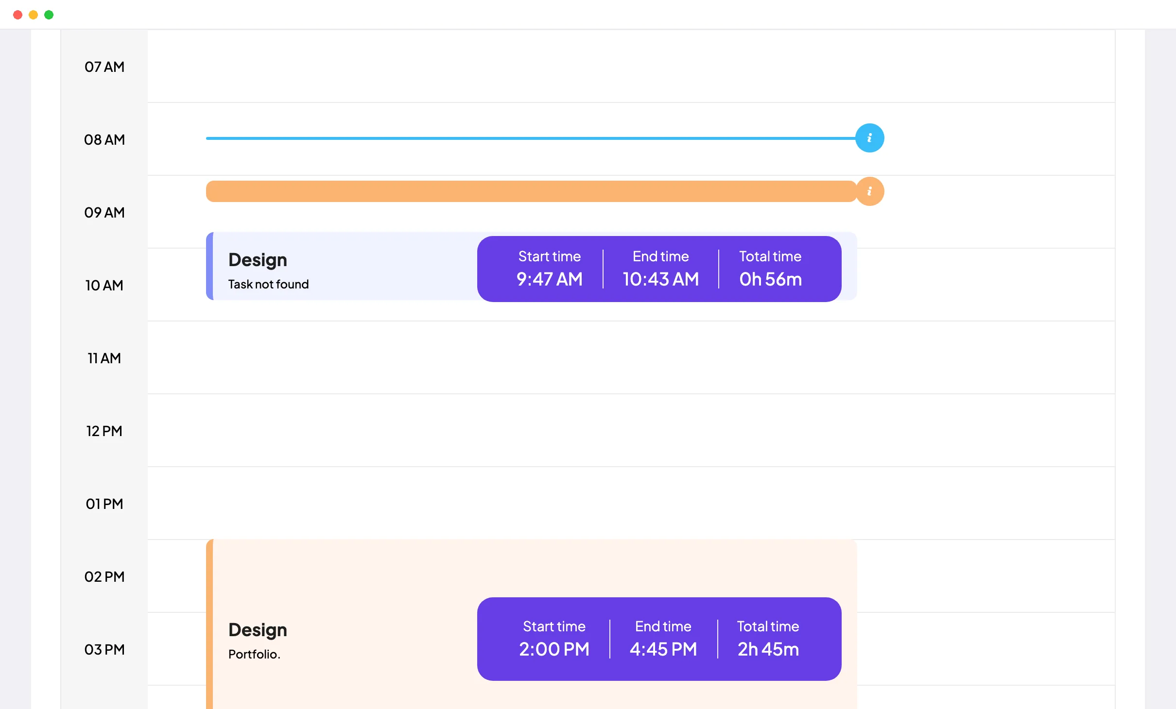 Staffic Daily Timesheet: a day's tracked sessions on a timeline with project, task, start time, end time and total