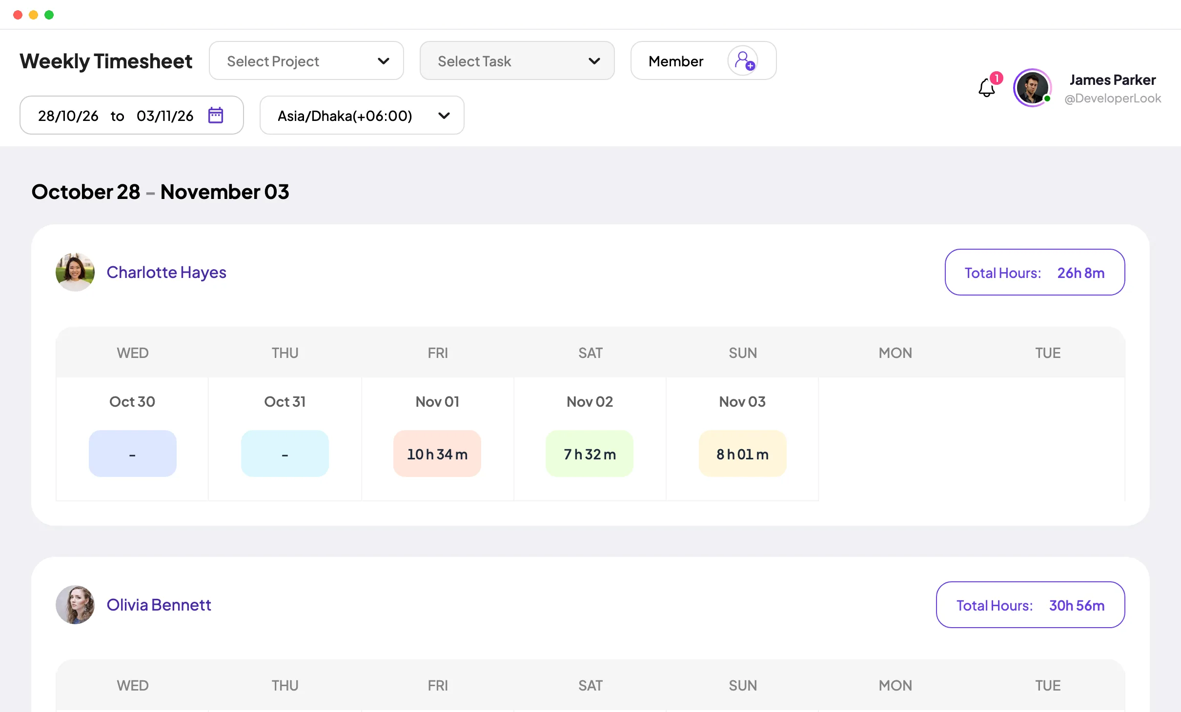 Staffic Weekly Timesheet: hours per member and day, with project, task and member filters