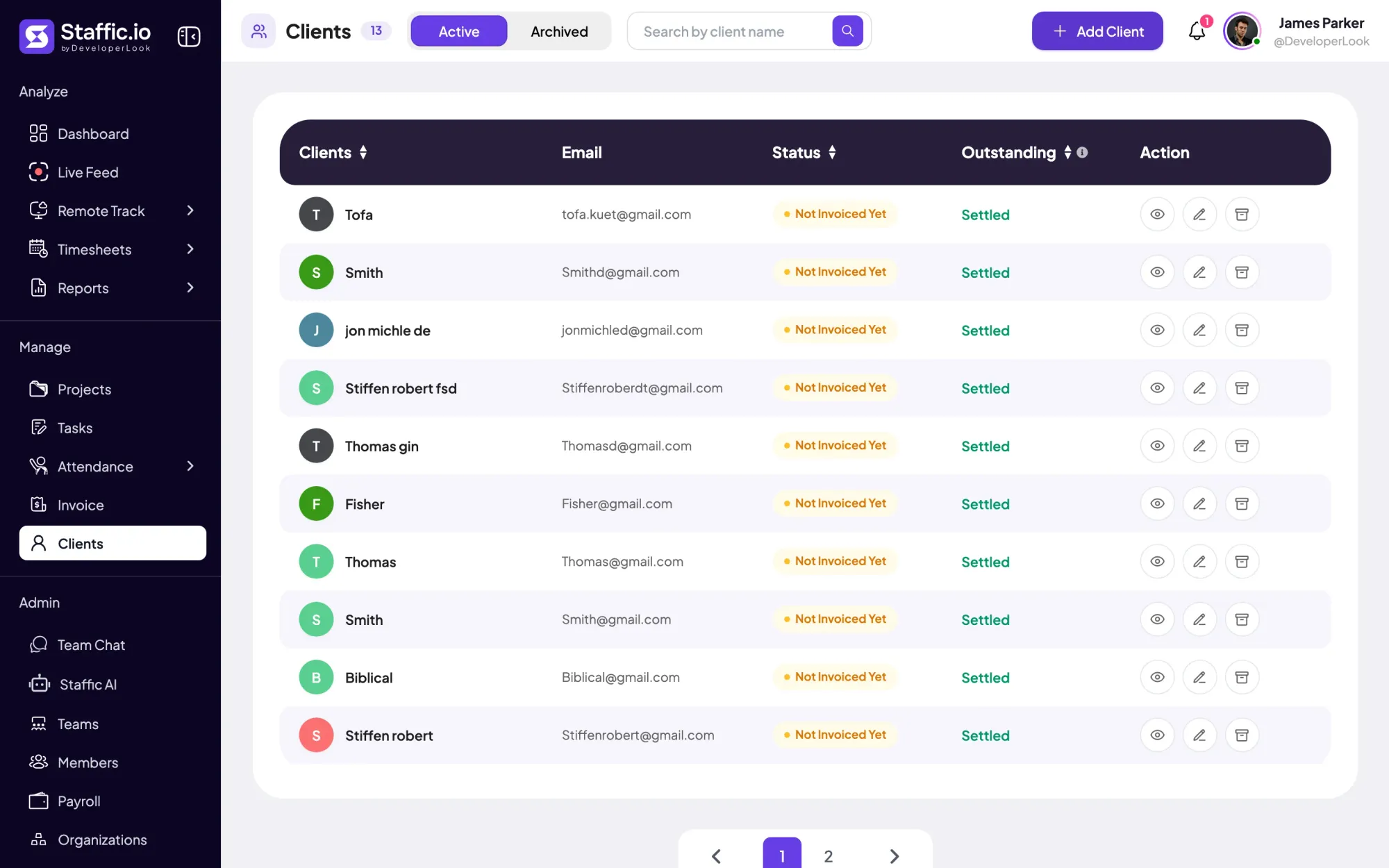 Staffic Clients: client list with email, invoice status and outstanding balance