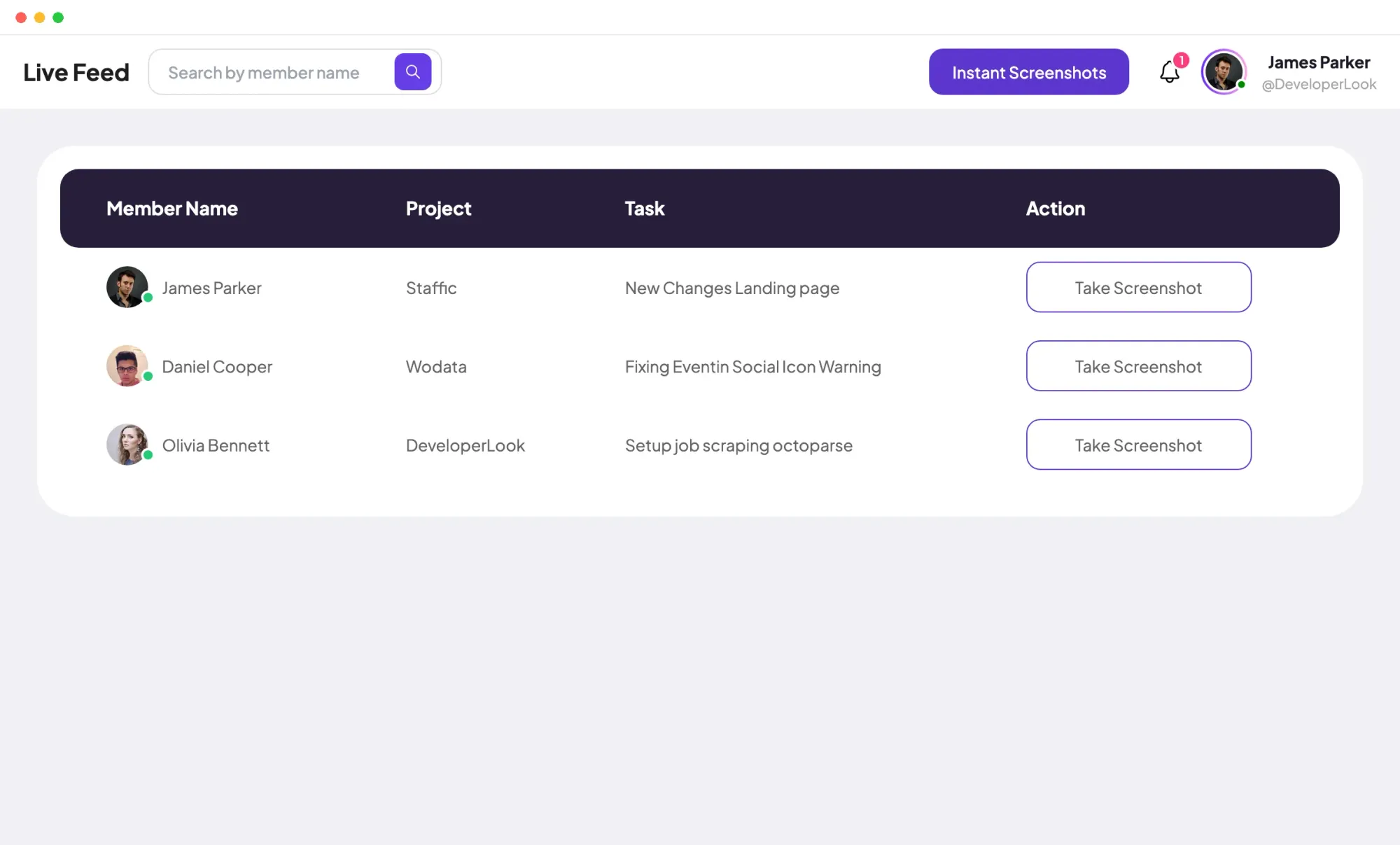 Staffic Live Feed listing members with their projects and tasks