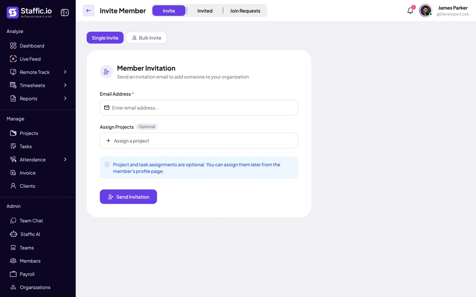 Staffic Invite Member form: Single Invite or Bulk Invite, an email address and optional projects to assign