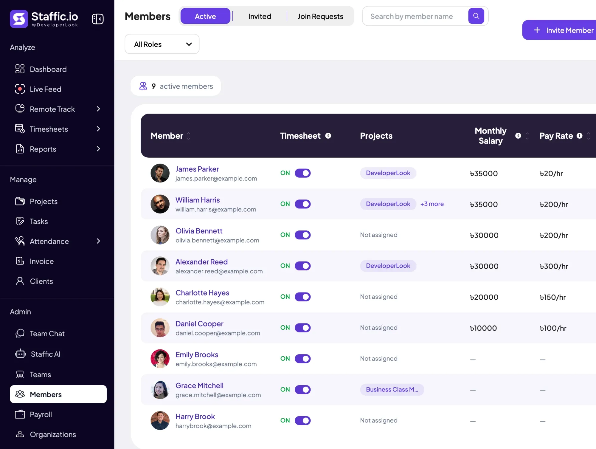 Staffic Members: active members with timesheet tracking switch, projects, monthly salary and pay rate