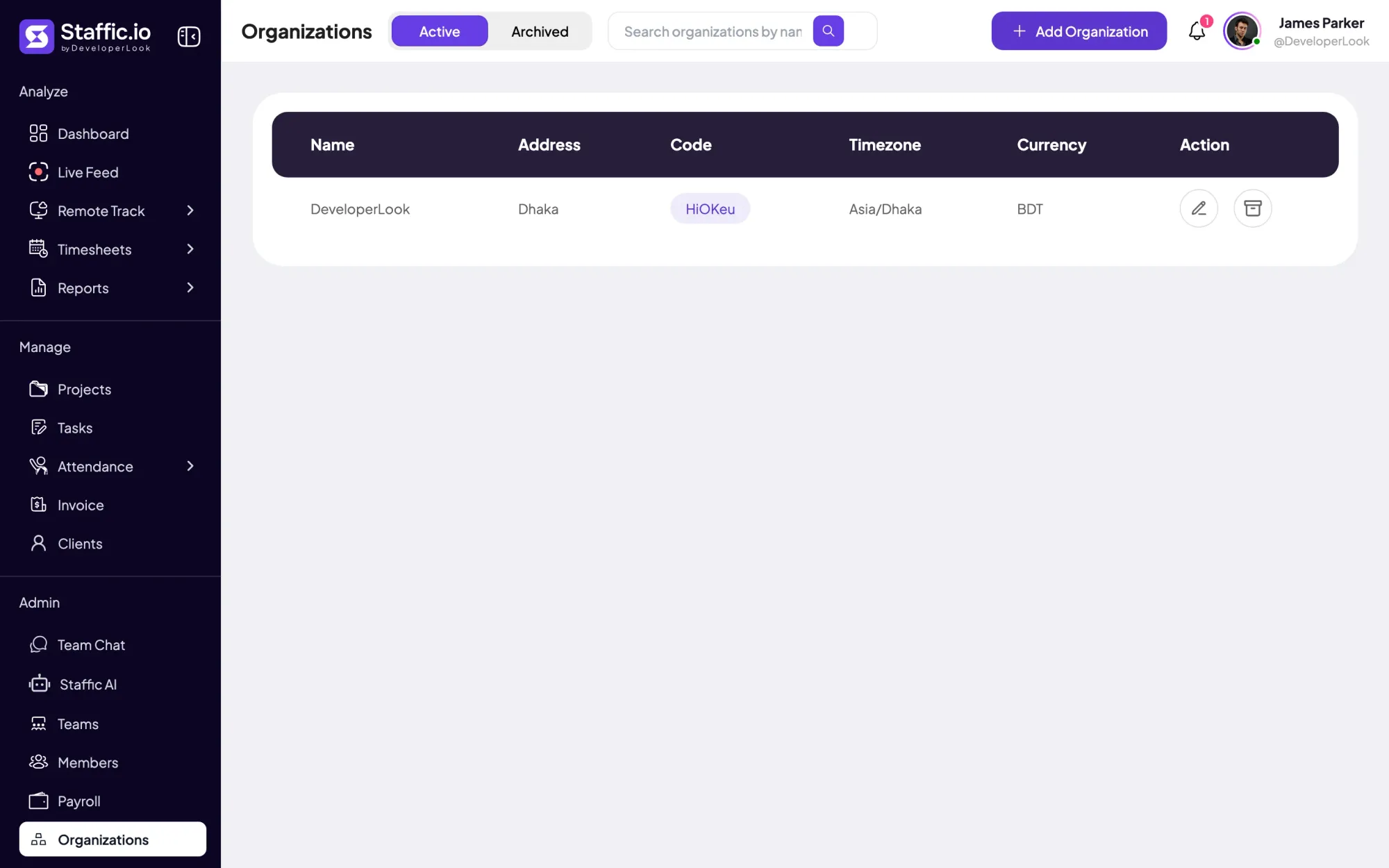 Staffic Organizations: the DeveloperLook organization with address, code, timezone and currency