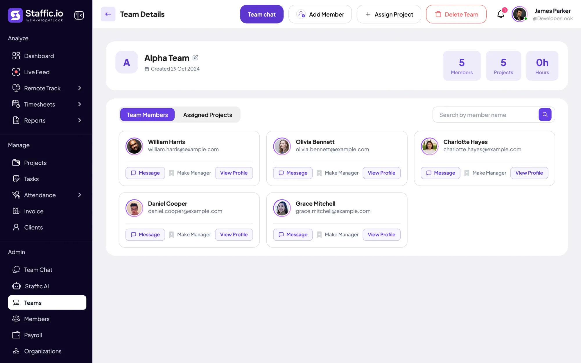 Staffic team details for Alpha Team: 5 members, 5 projects and Make Manager options