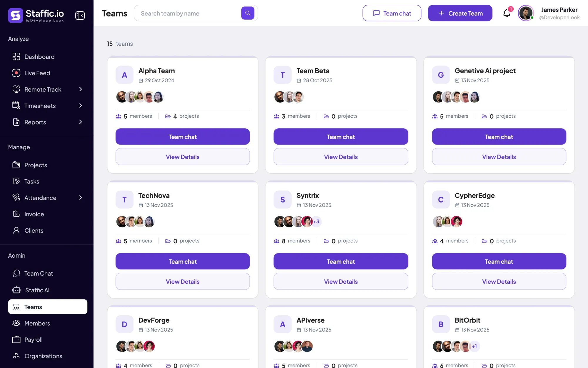Staffic Teams: 15 team cards with members, projects and Team chat buttons