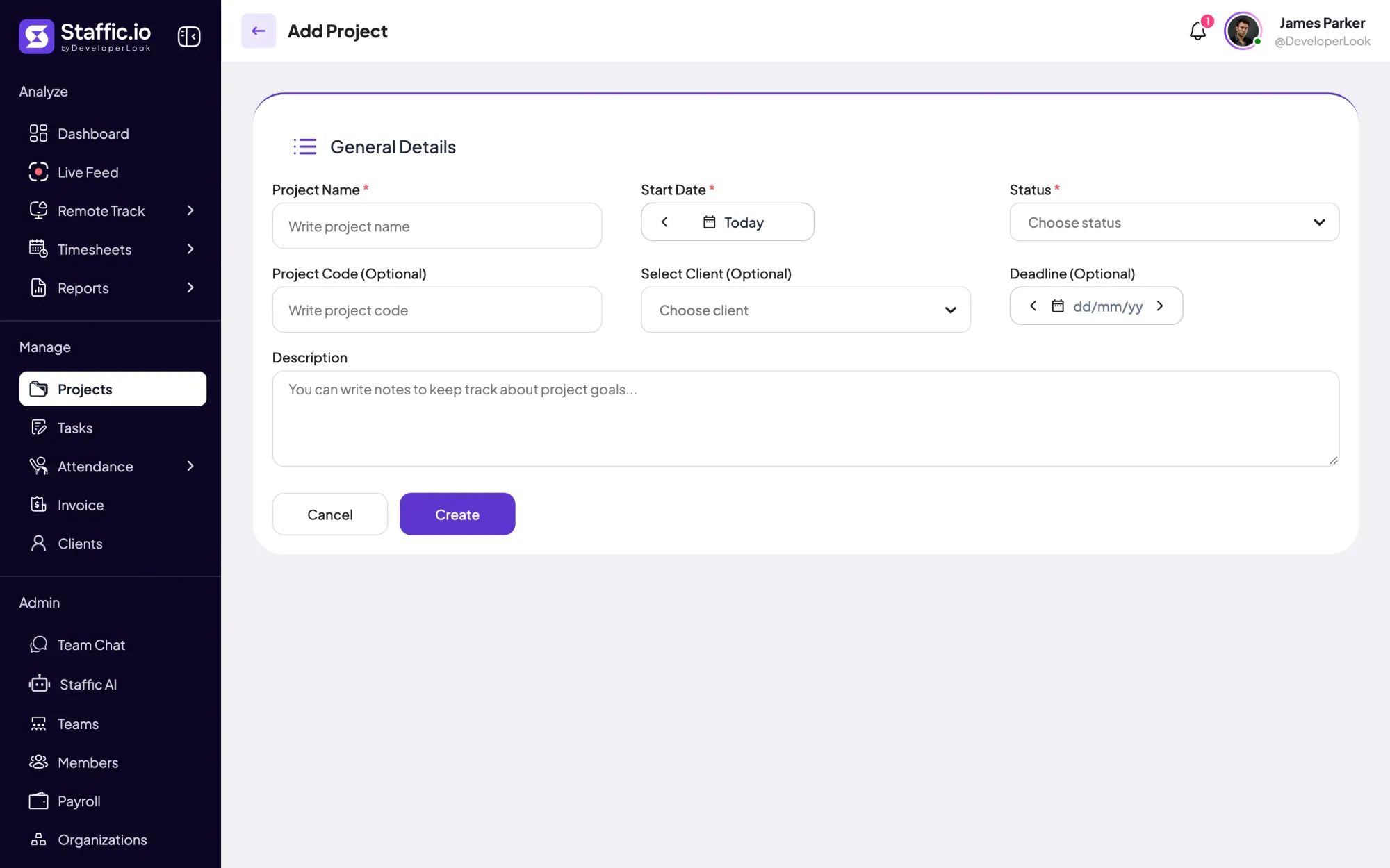 Staffic Add Project form: project name, start date, status, project code, client, deadline and description