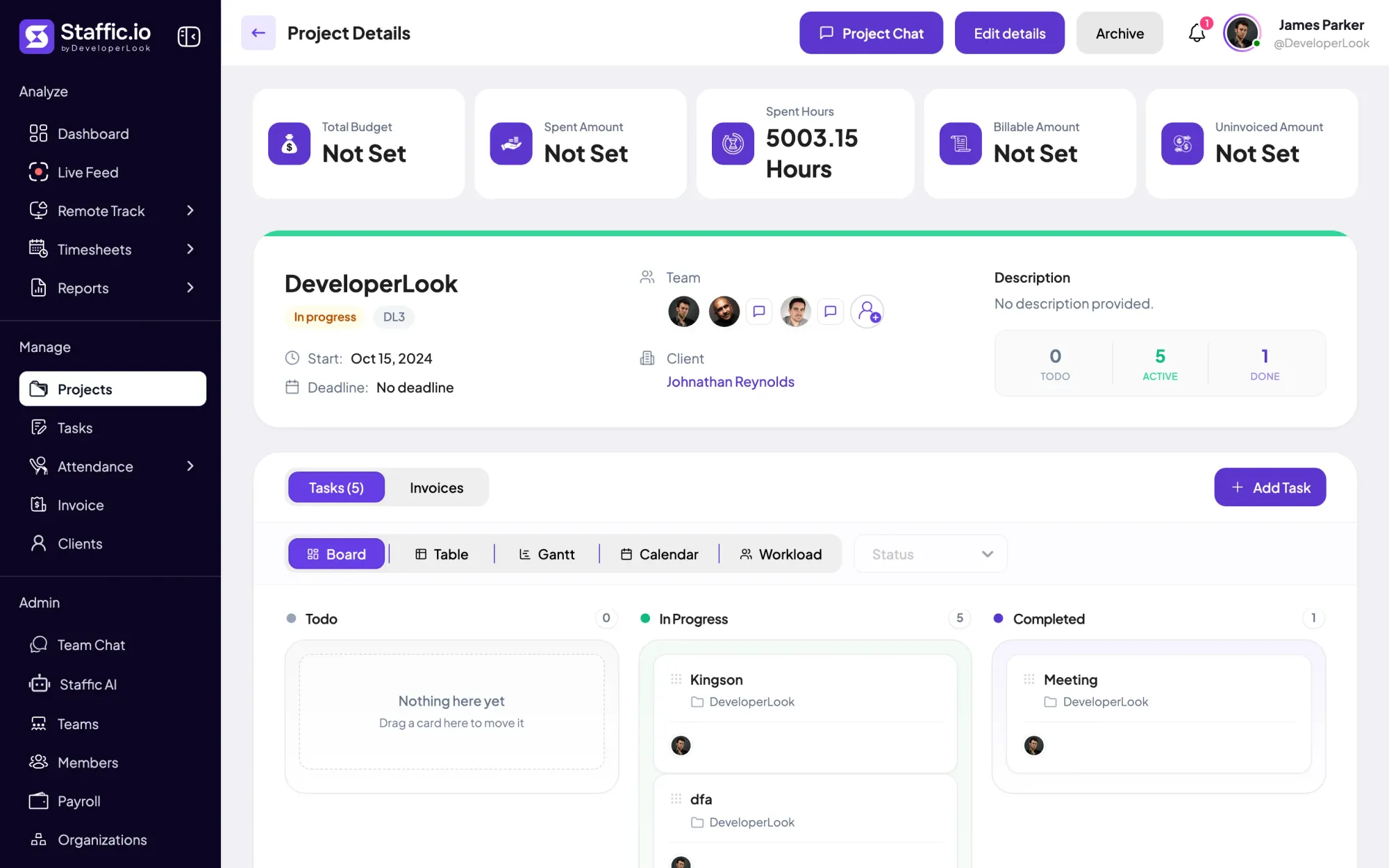 Staffic project details for DeveloperLook: 5003.15 spent hours, team, client and a task board