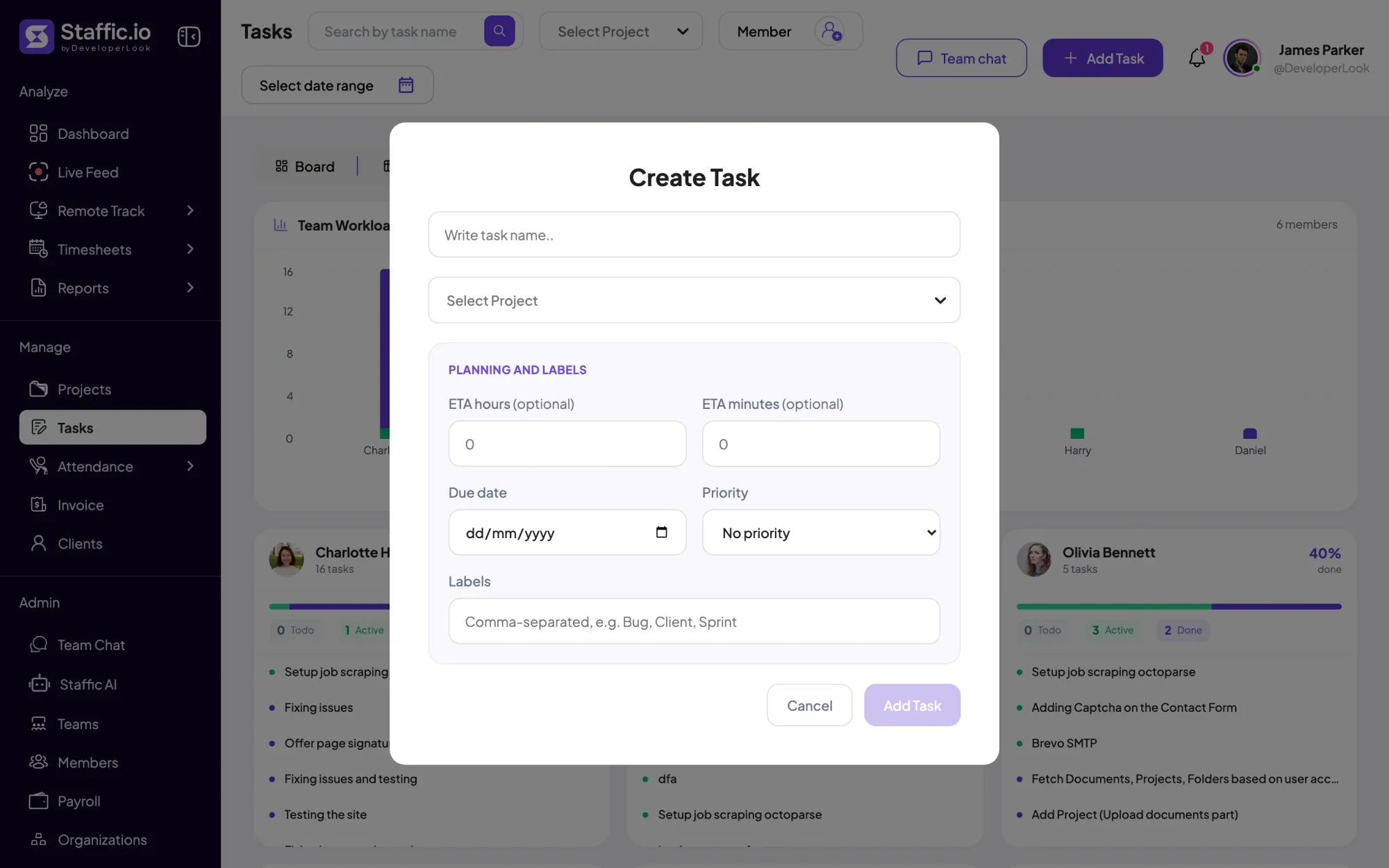 Staffic Create Task form: task name, project, ETA hours and minutes, due date, priority and labels