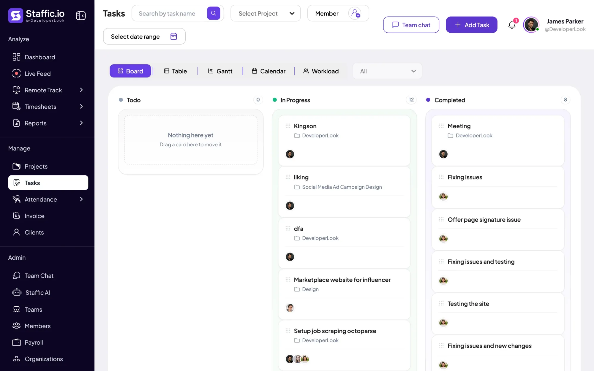 Staffic Tasks board with to-do, in-progress and completed columns of task cards