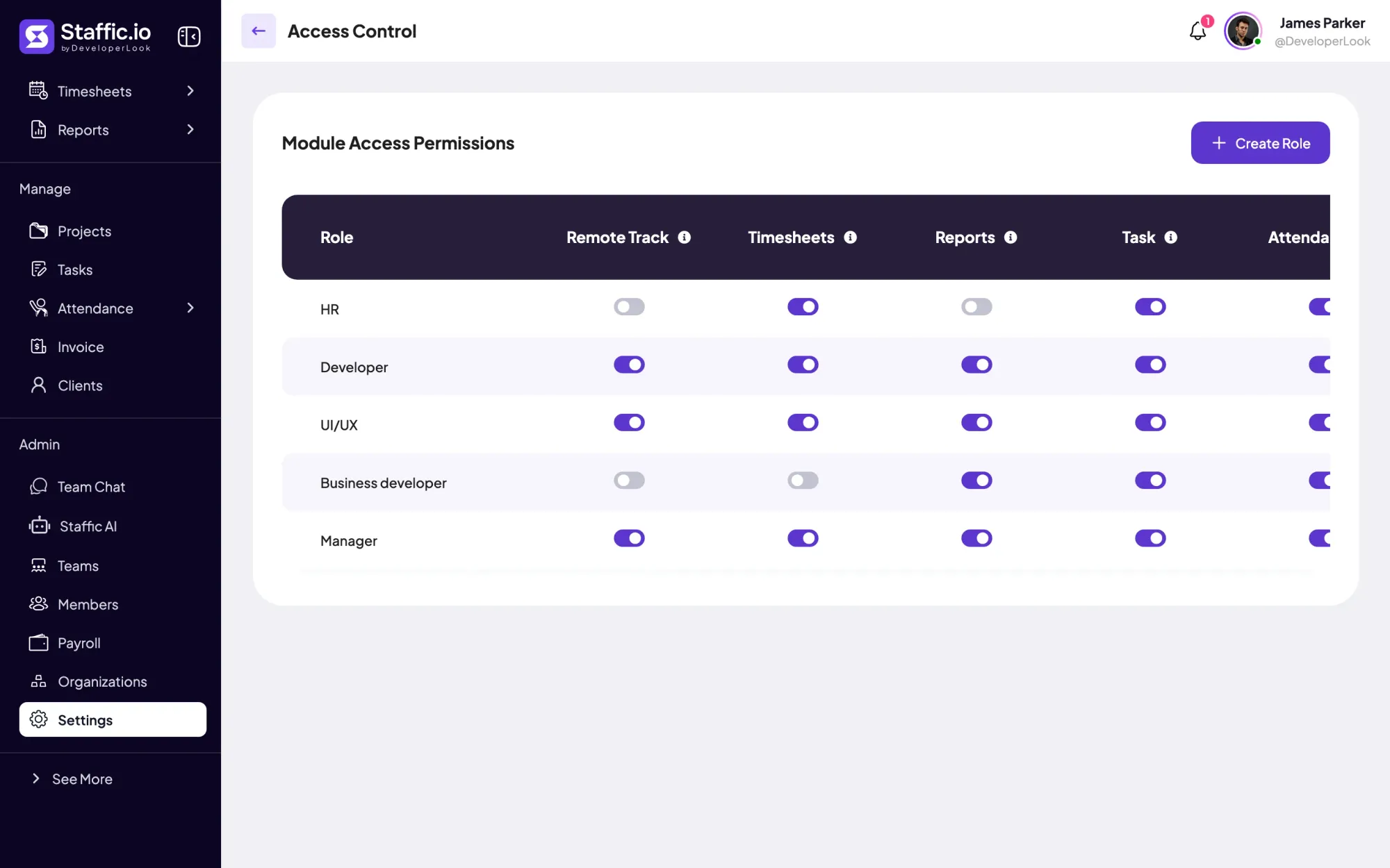 Staffic Access Control: module access permissions per role for Remote Track, Timesheets, Reports and Tasks