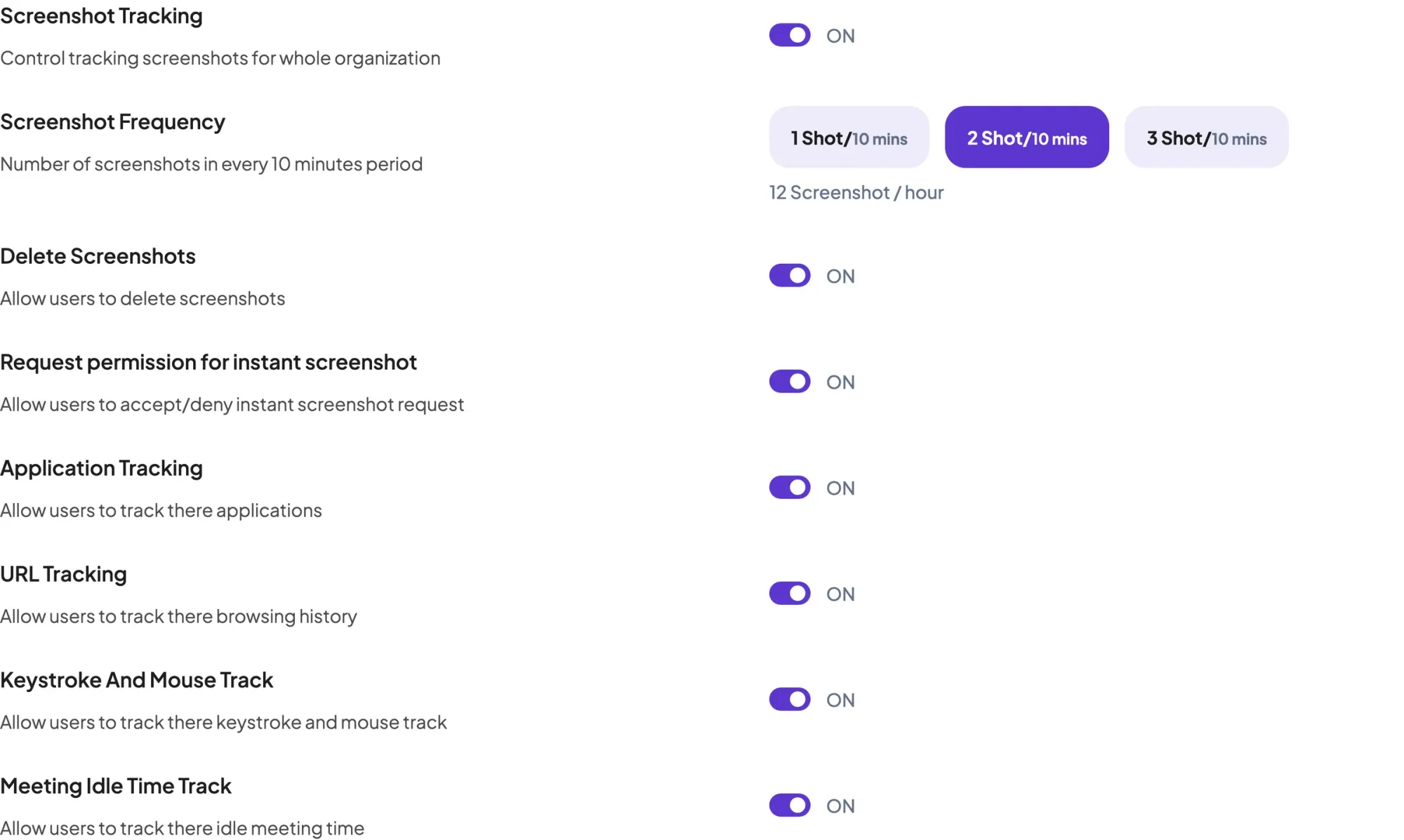 Staffic Activity settings: screenshot tracking and frequency, instant screenshot requests, and app, URL and input tracking