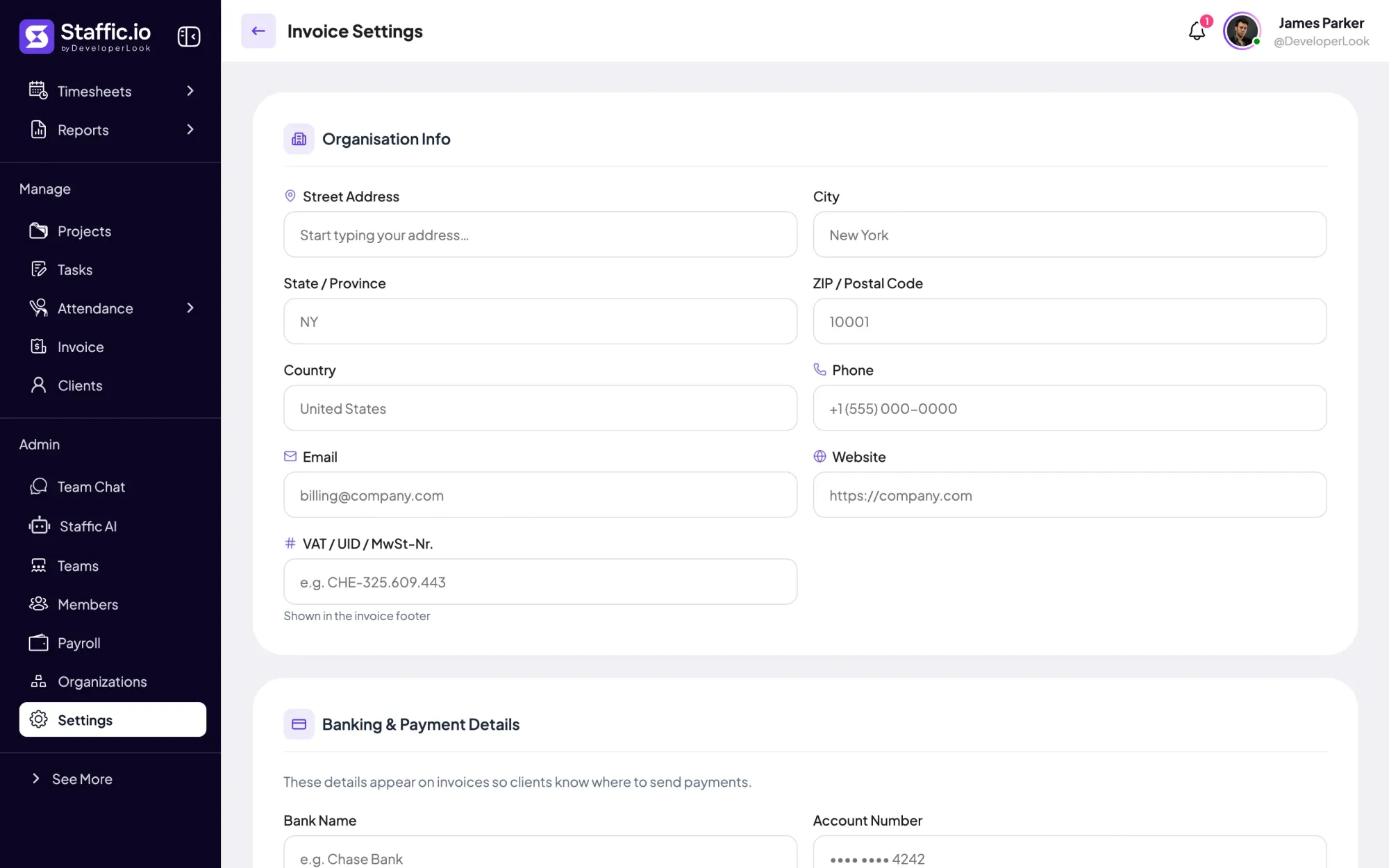 Staffic Invoice Settings: organisation address, email, website and VAT number, then banking and payment details