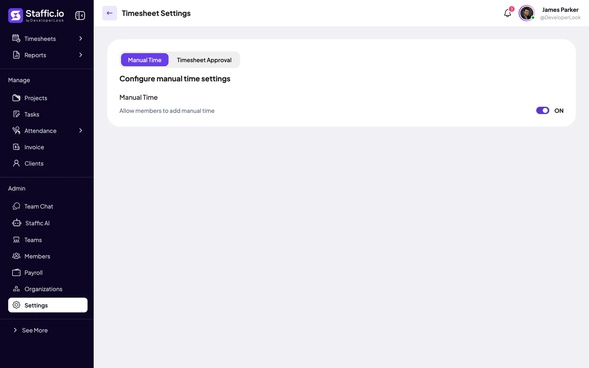 Staffic Timesheet Settings: a switch that allows members to add manual time