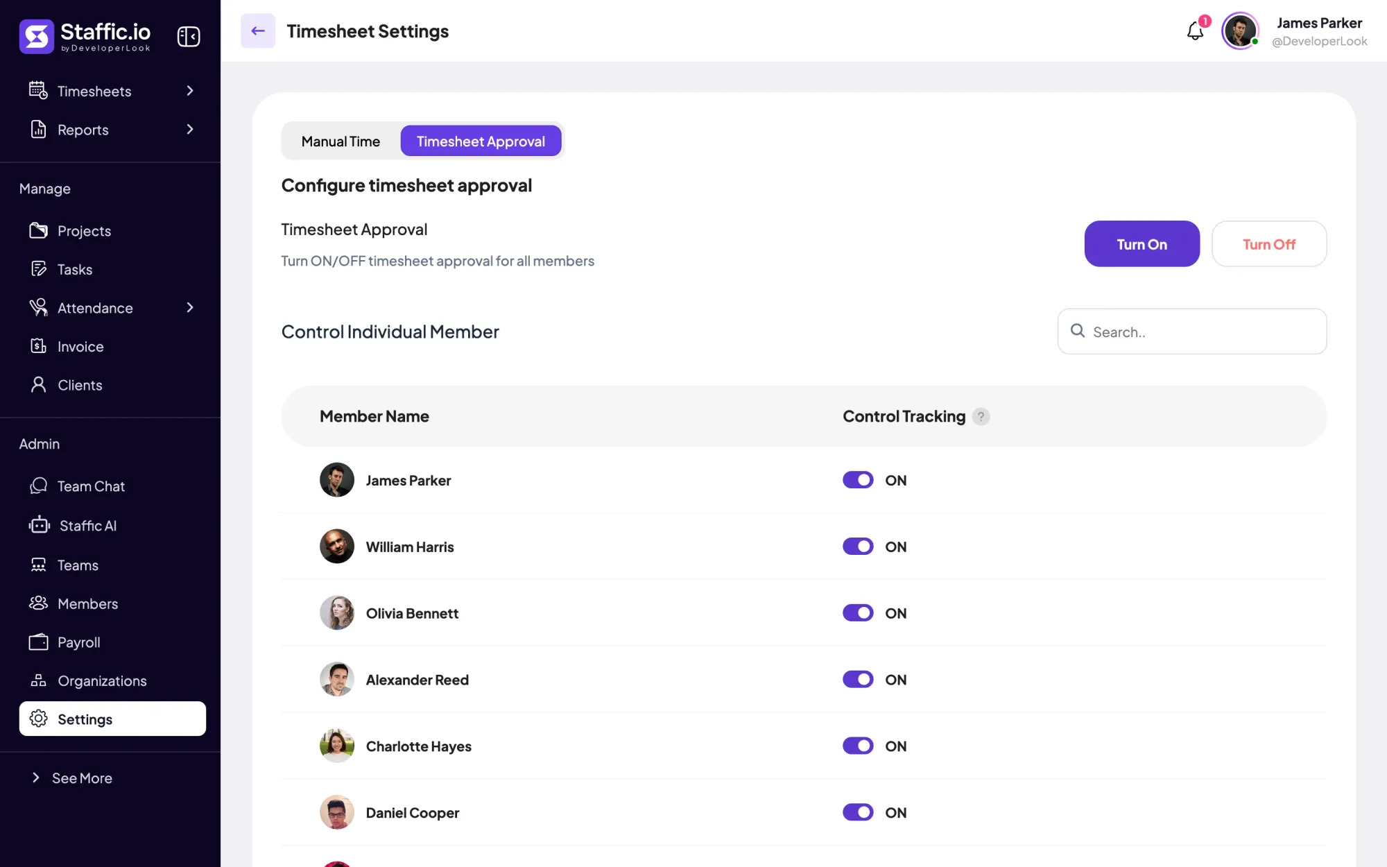 Staffic Timesheet Settings, Timesheet Approval tab: Turn On and Turn Off for all members, and an ON switch beside each member