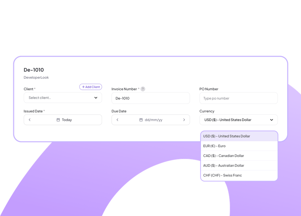 Staffic new invoice De-1010 with client, invoice number, issue and due dates, and a currency menu