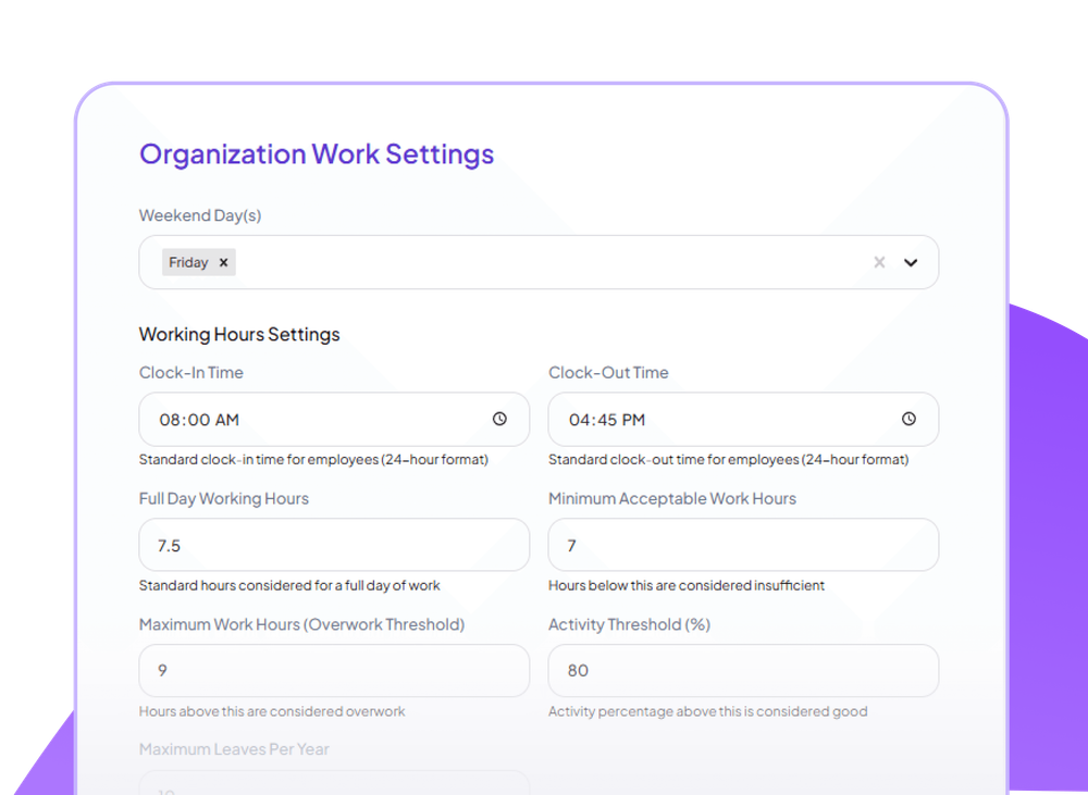 Organization work settings