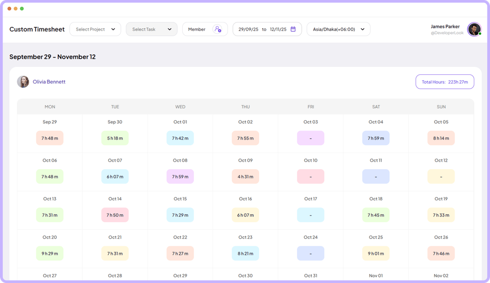 Staffic Custom Timesheets work summary for a selected date range