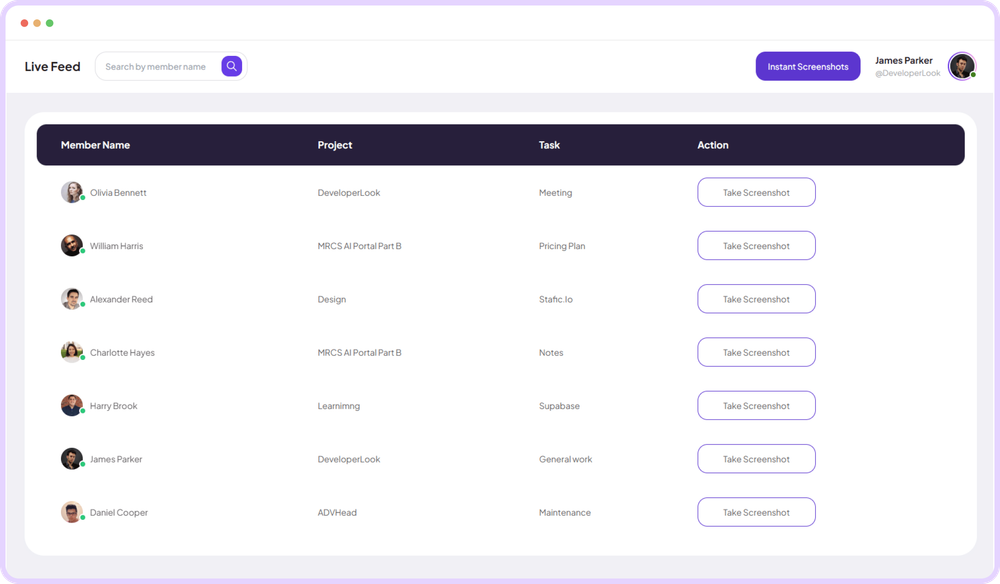 Staffic Live Feed streaming real-time team activity updates