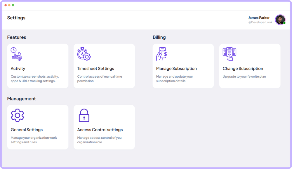 Staffic workspace Settings panel for features and billing