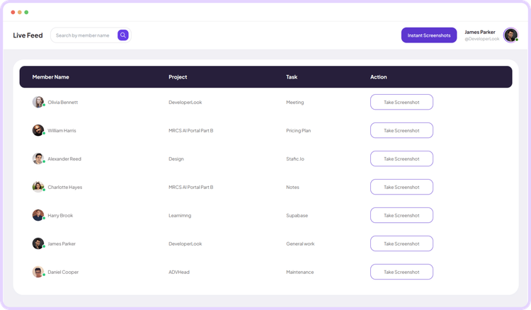 Staffic Live Feed streaming real-time team activity updates