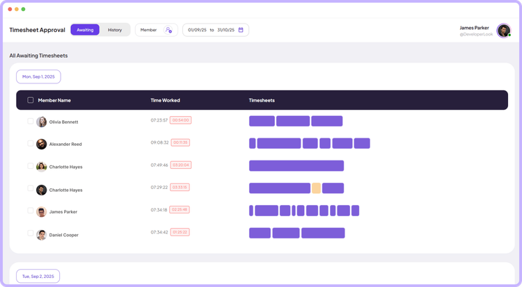 Staffic Timesheet Approval screen for reviewing member hours