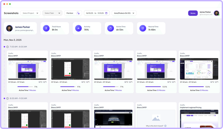 Staffic Screenshots monitoring view with captured work session images