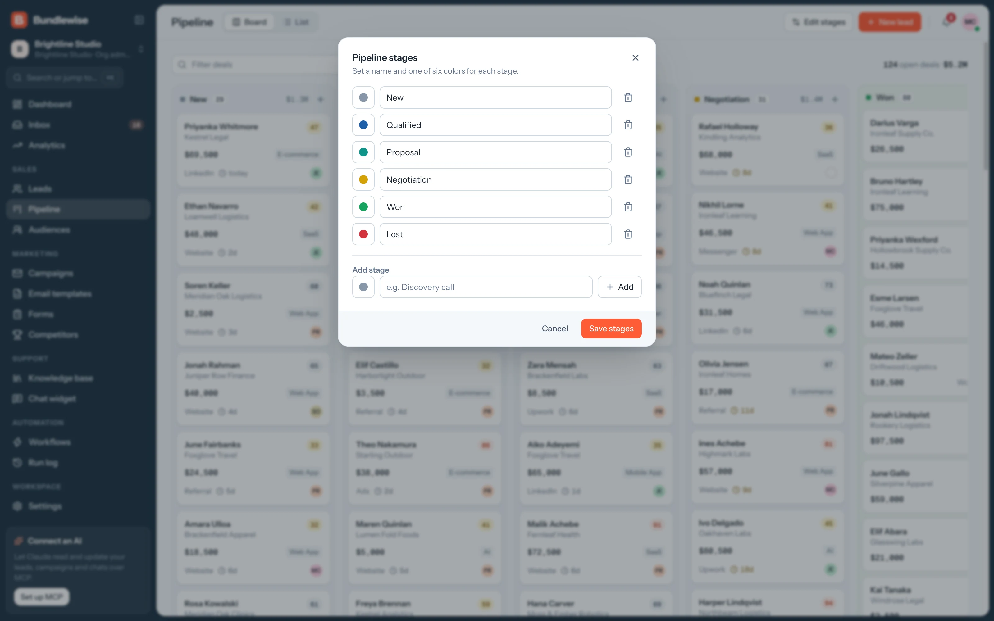 Manage pipeline stages dialog