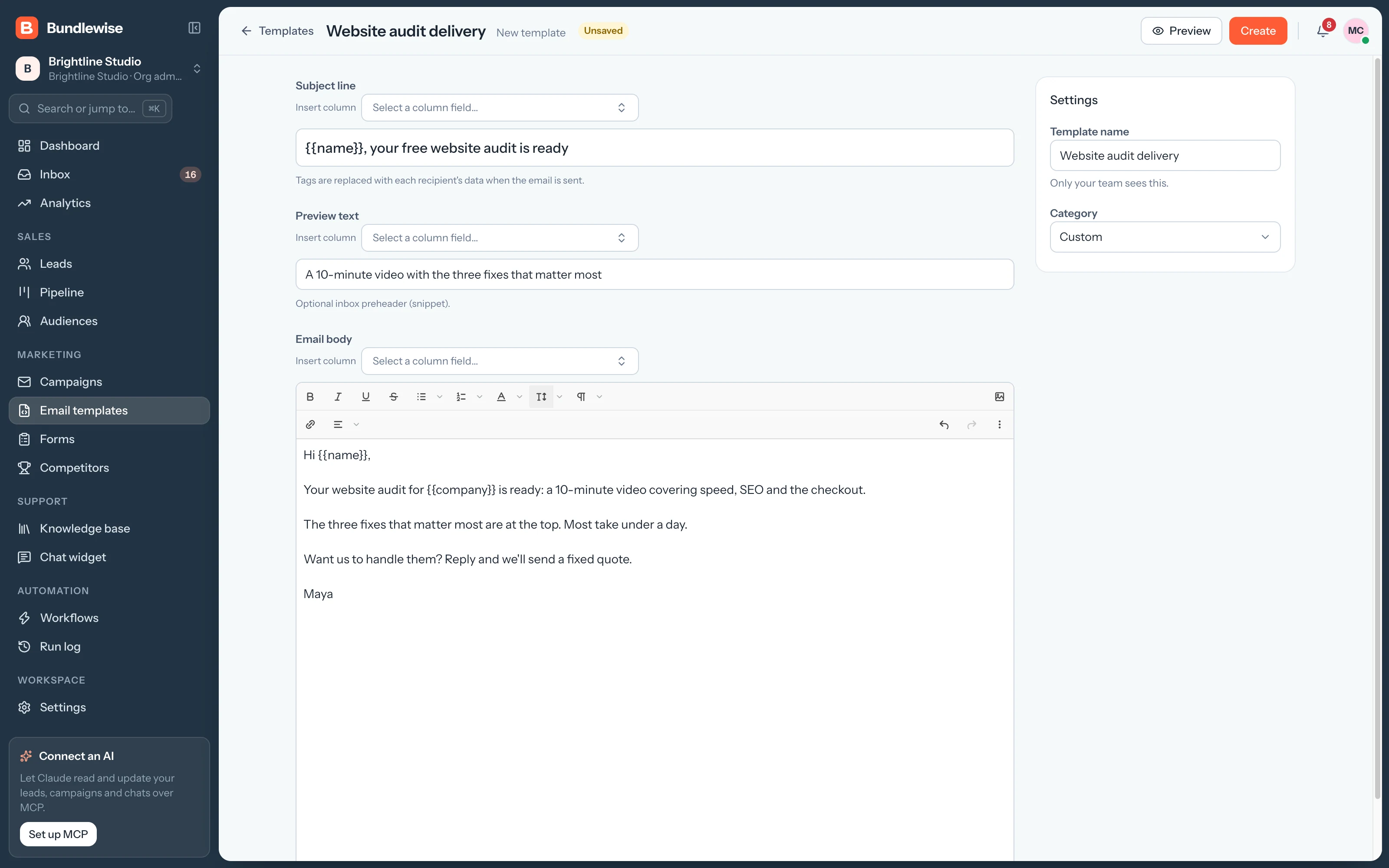 Email template editor with category, subject and body