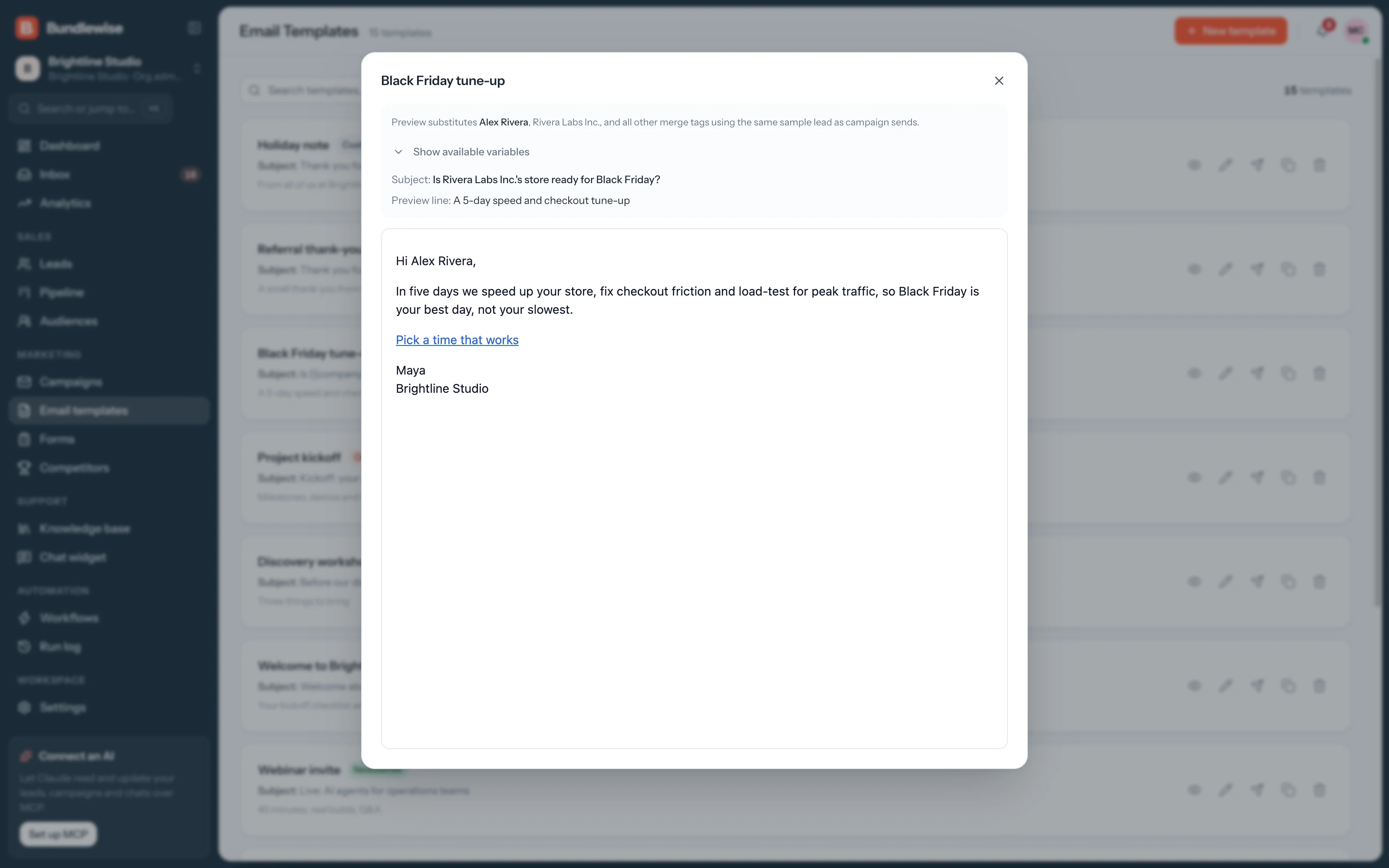 Template preview with the list of available merge tags