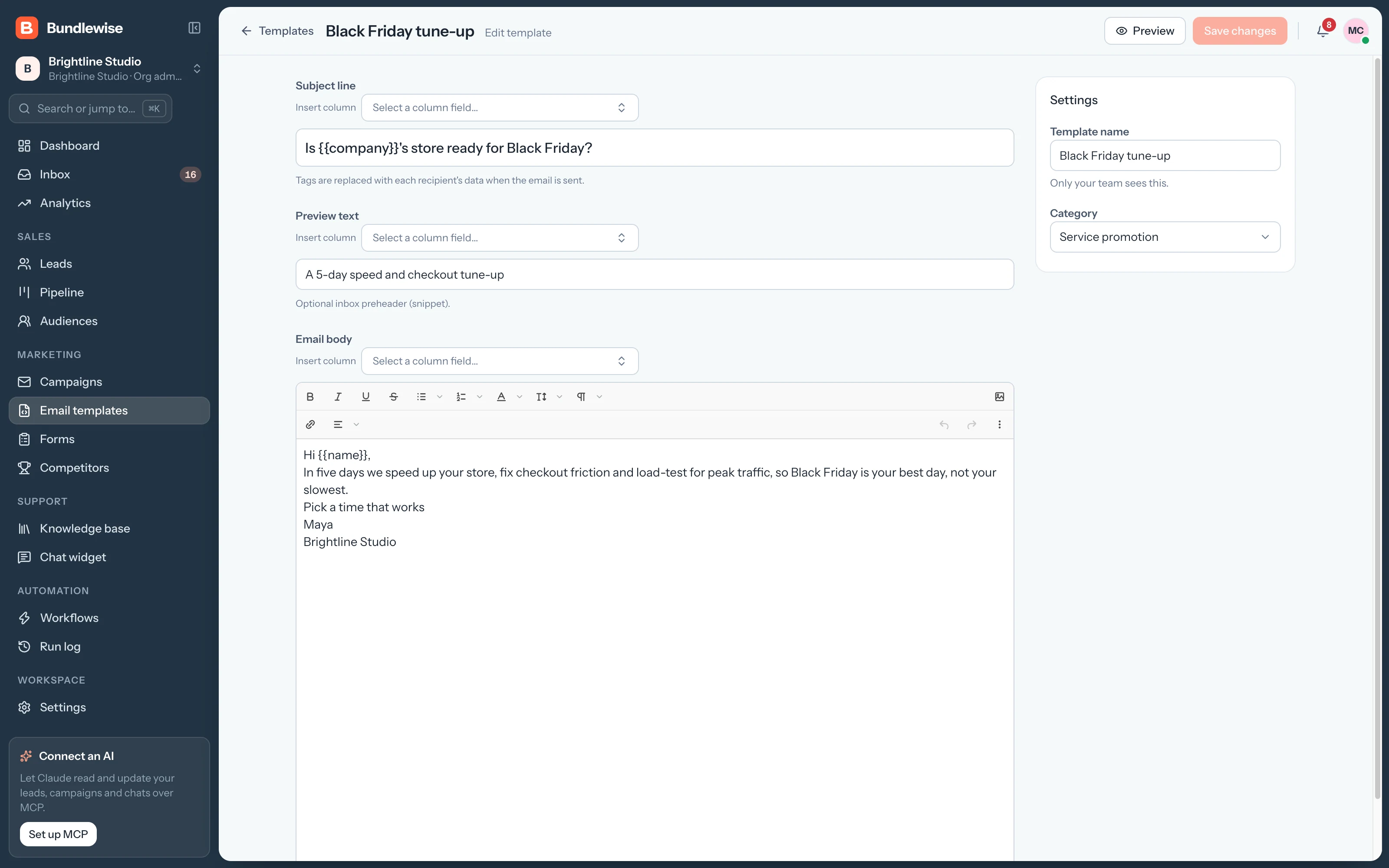 Email template editor with category, subject and body