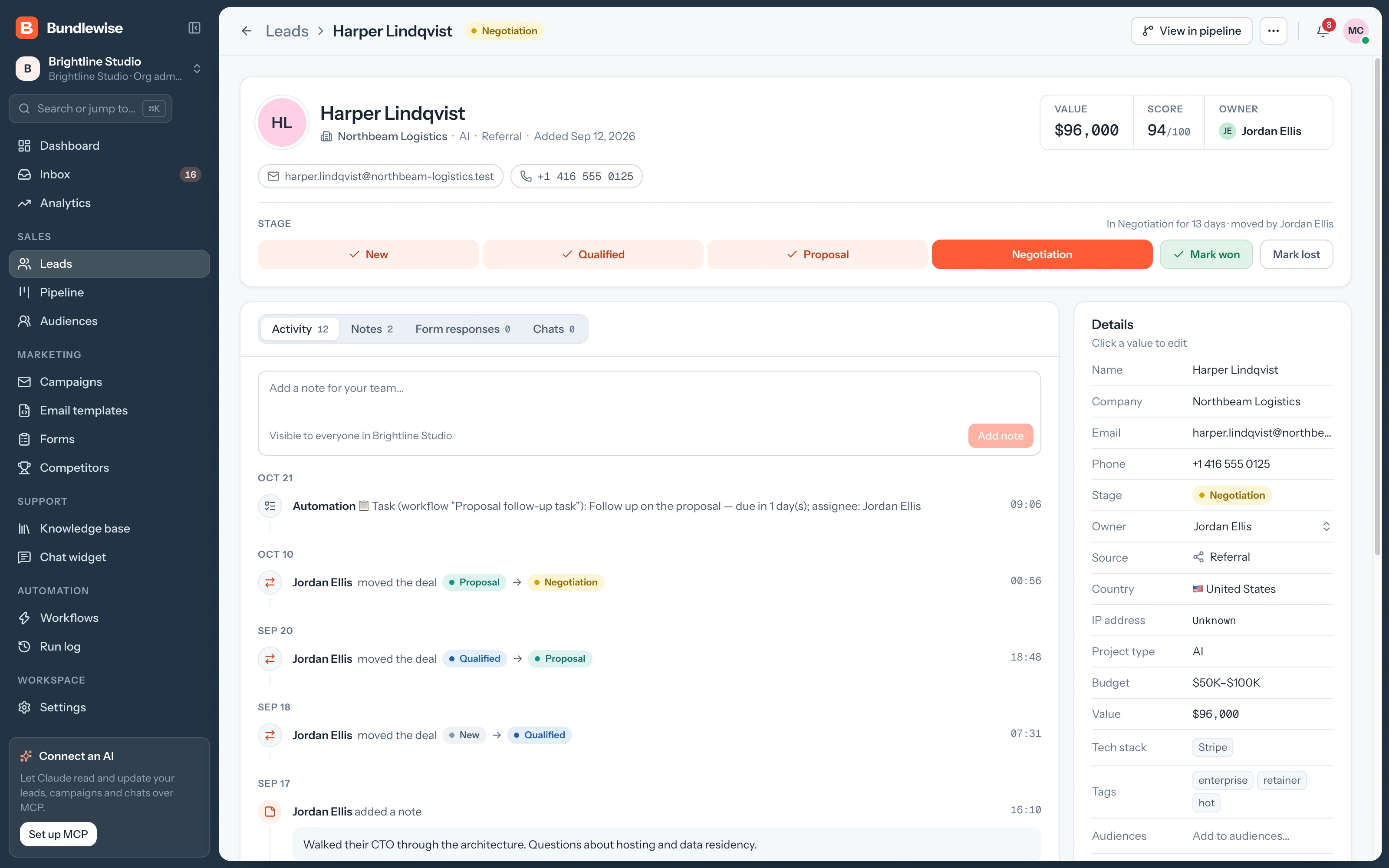 Lead record with profile, stage, score and activity timeline
