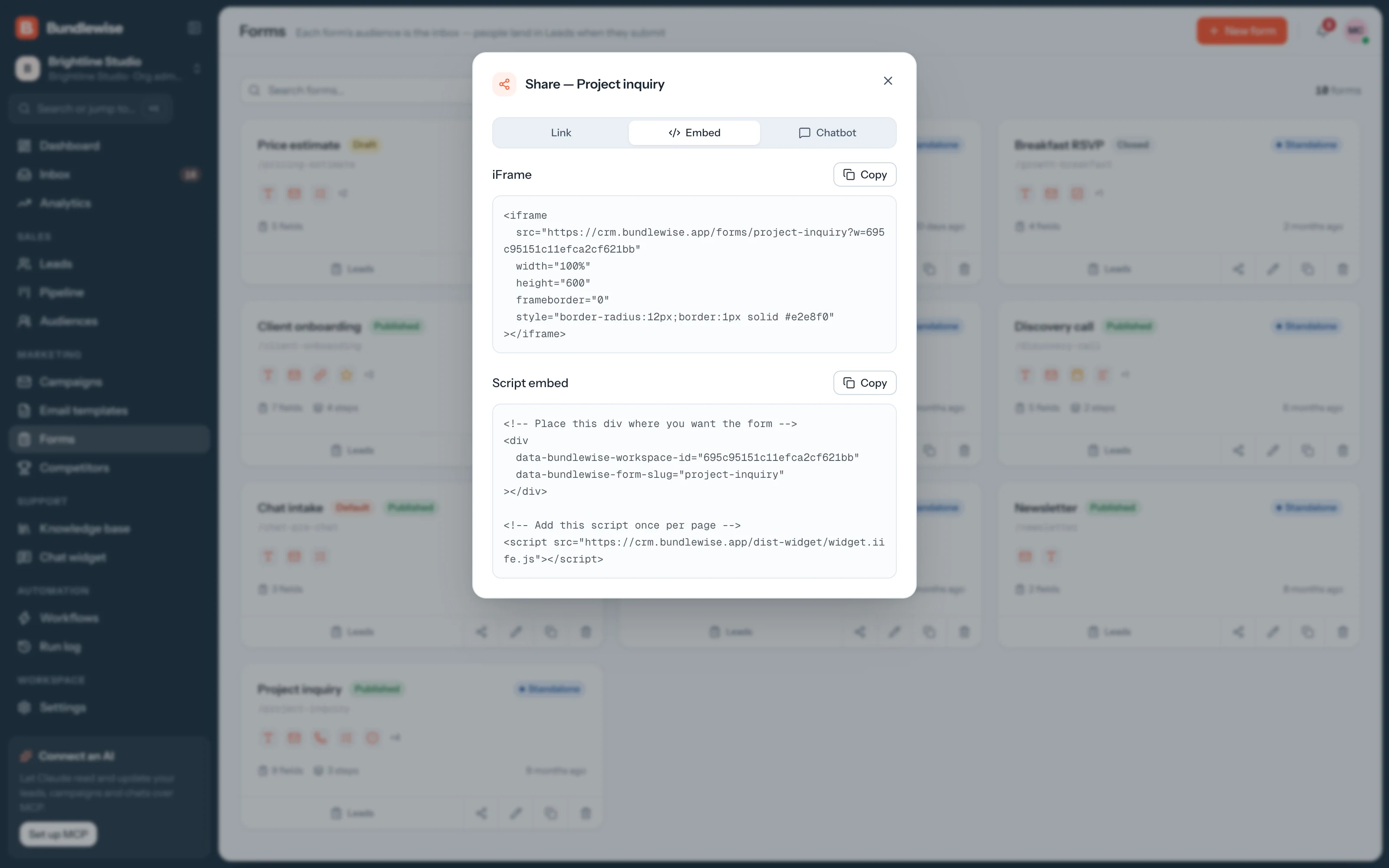 Form sharing with embed code