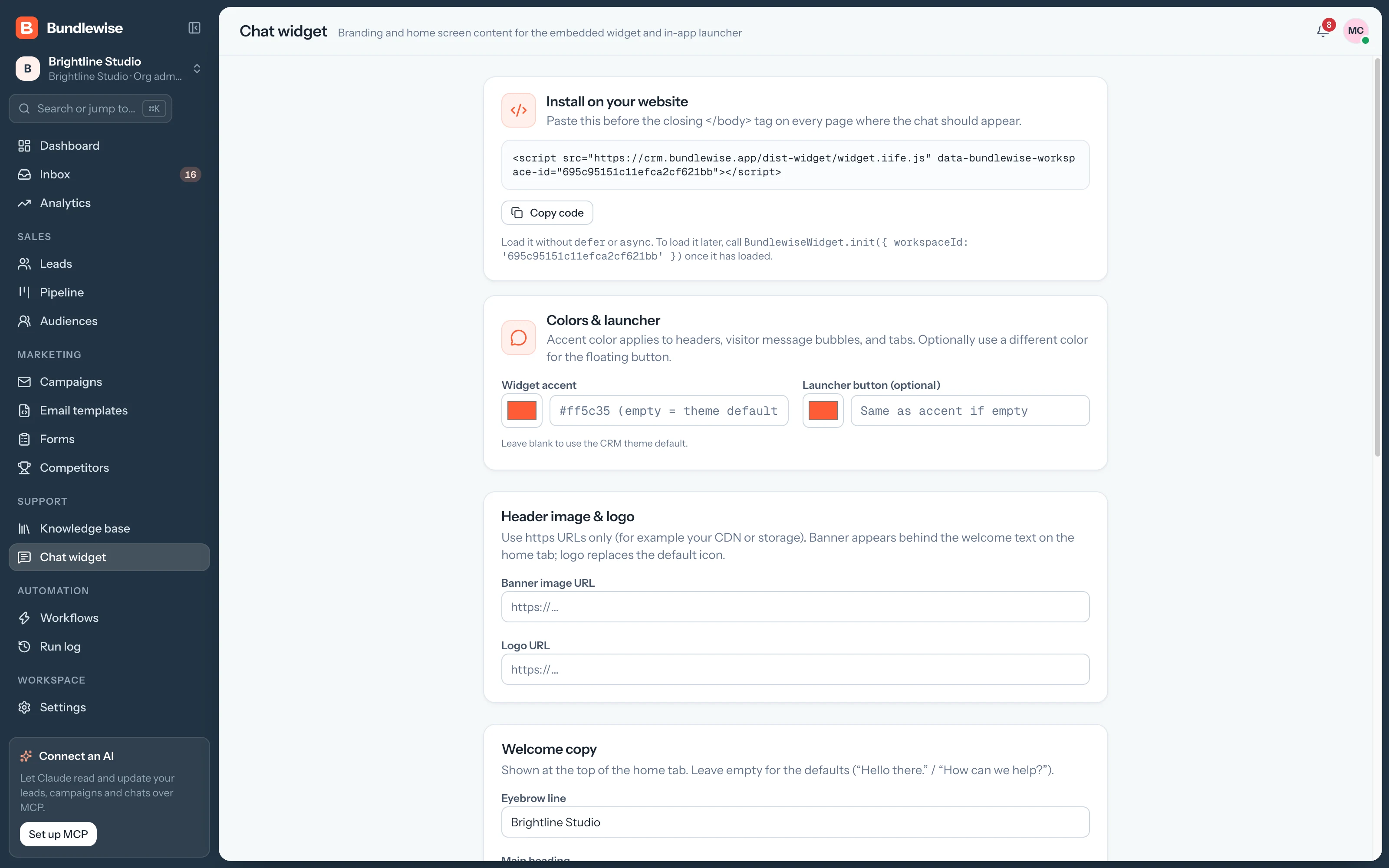 Chat widget branding settings