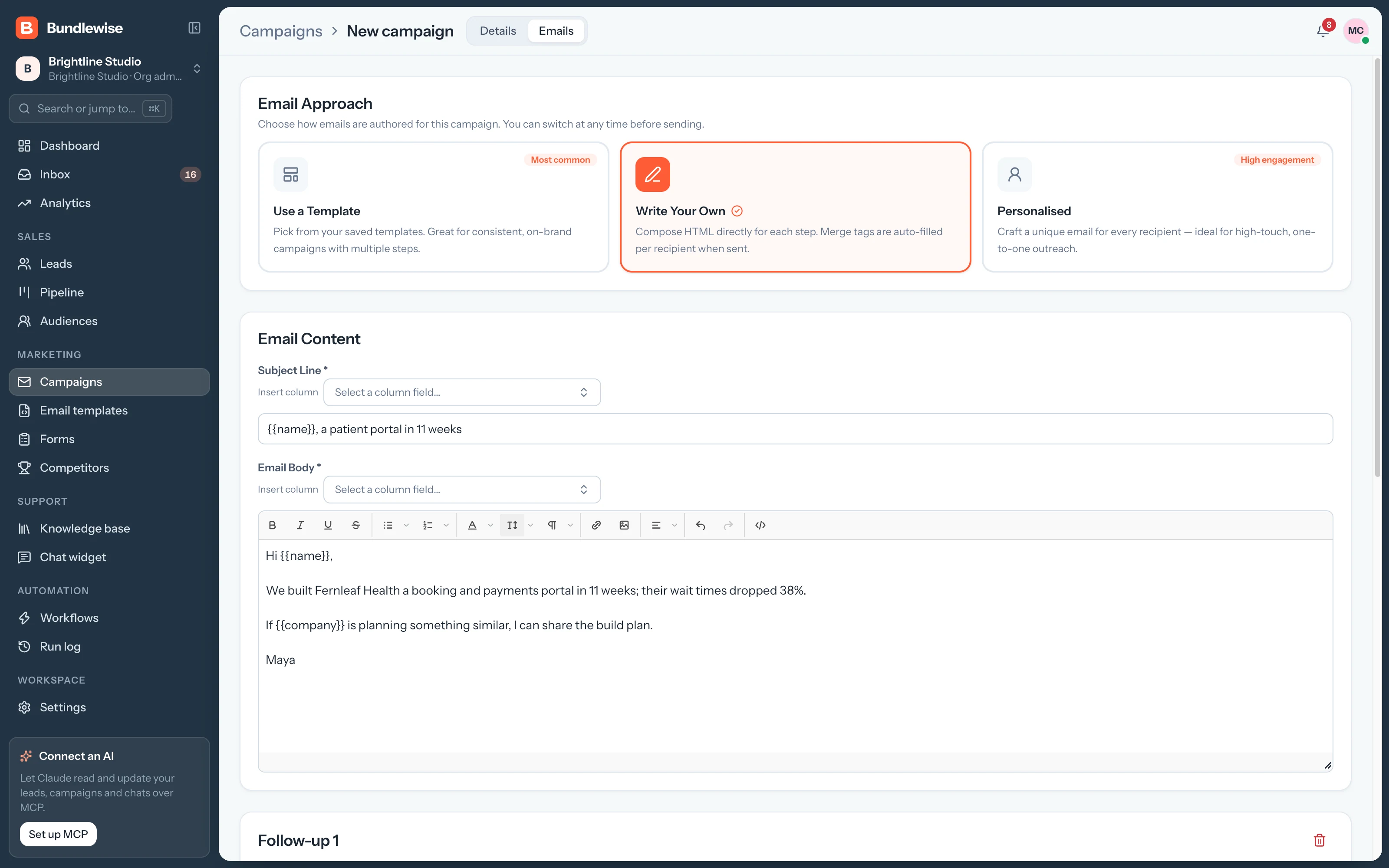 Campaign email step for writing your own email