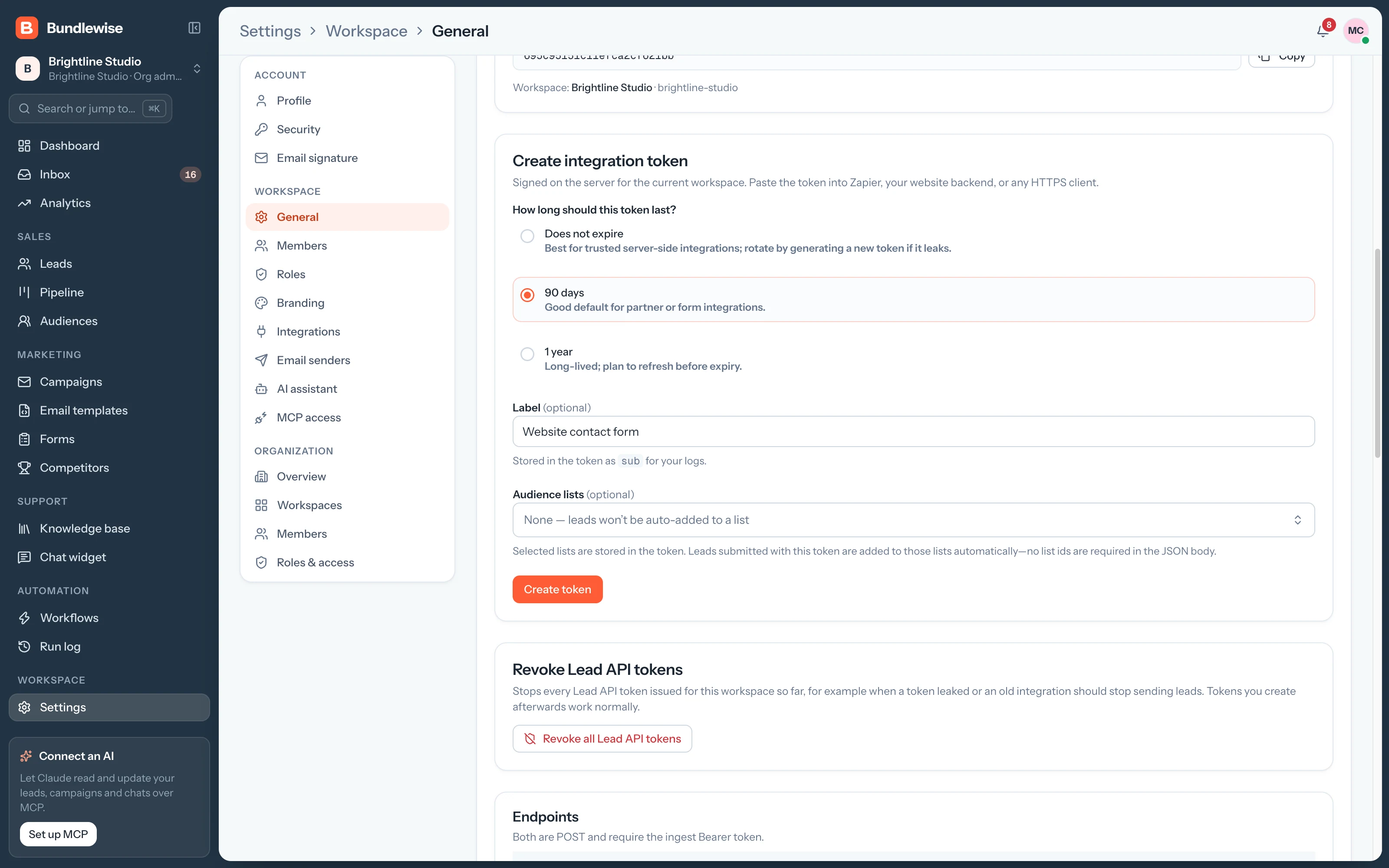 Creating a lead integration token with expiry options