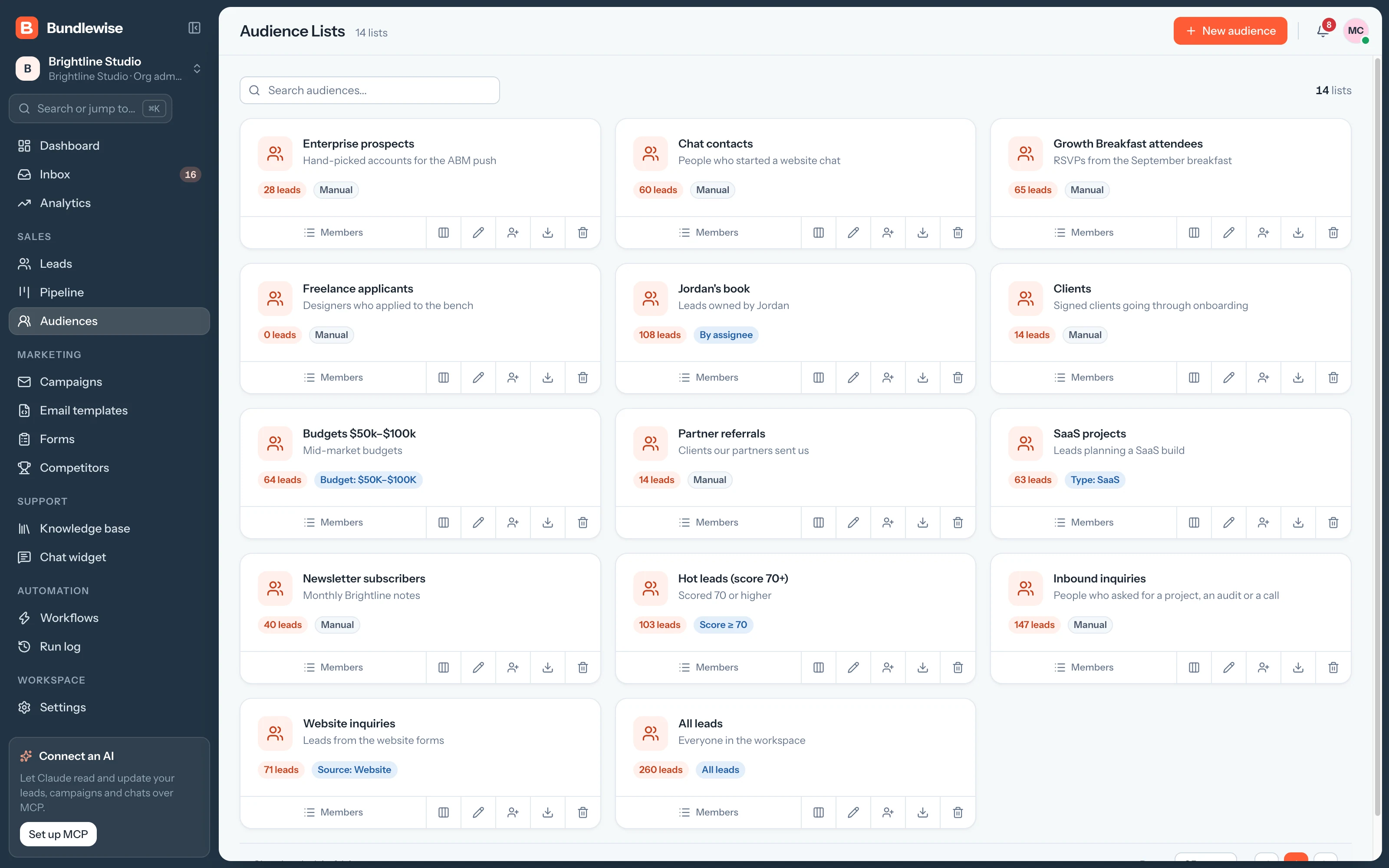 Bundlewise audience lists with member counts and filters