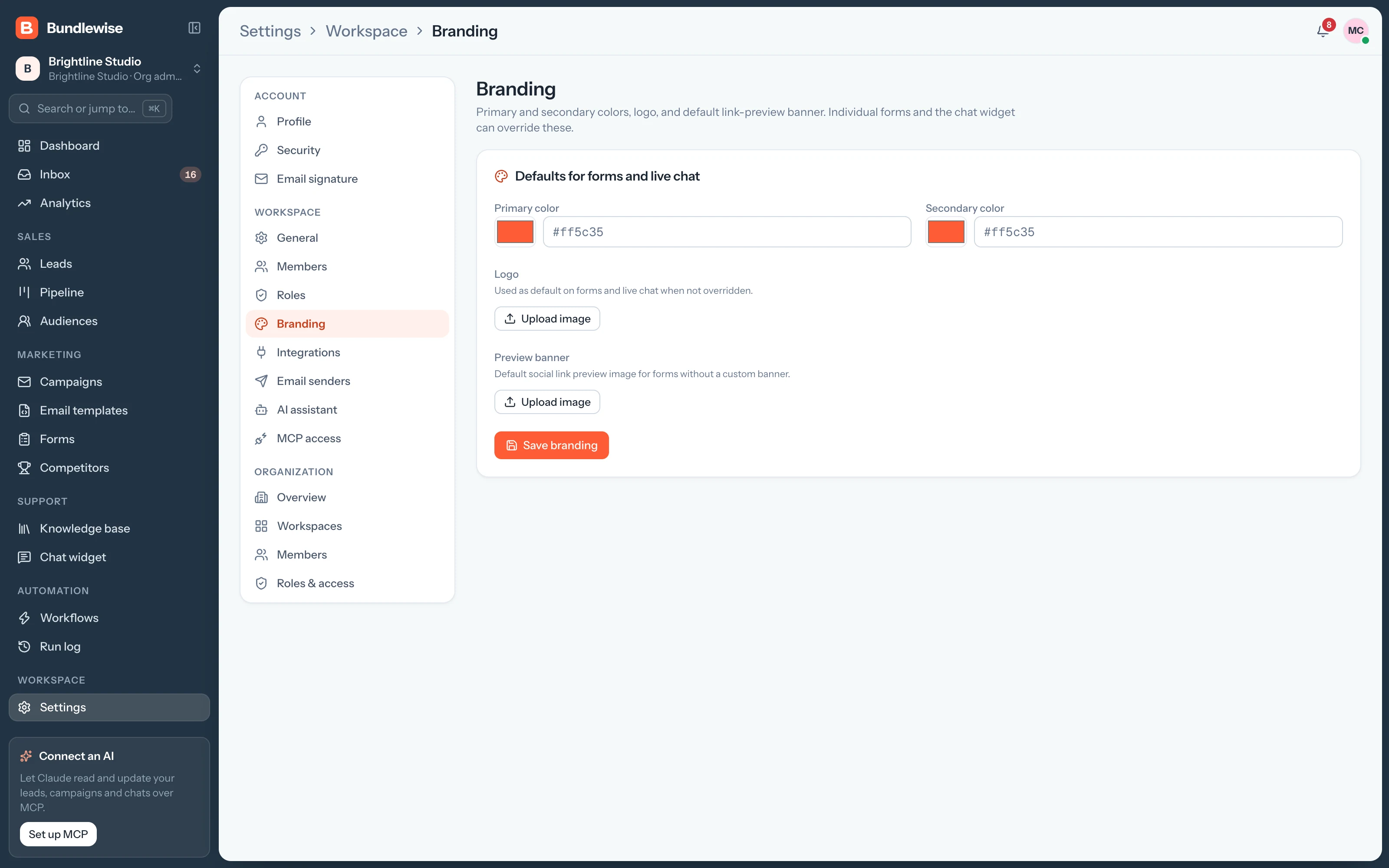 Workspace branding settings