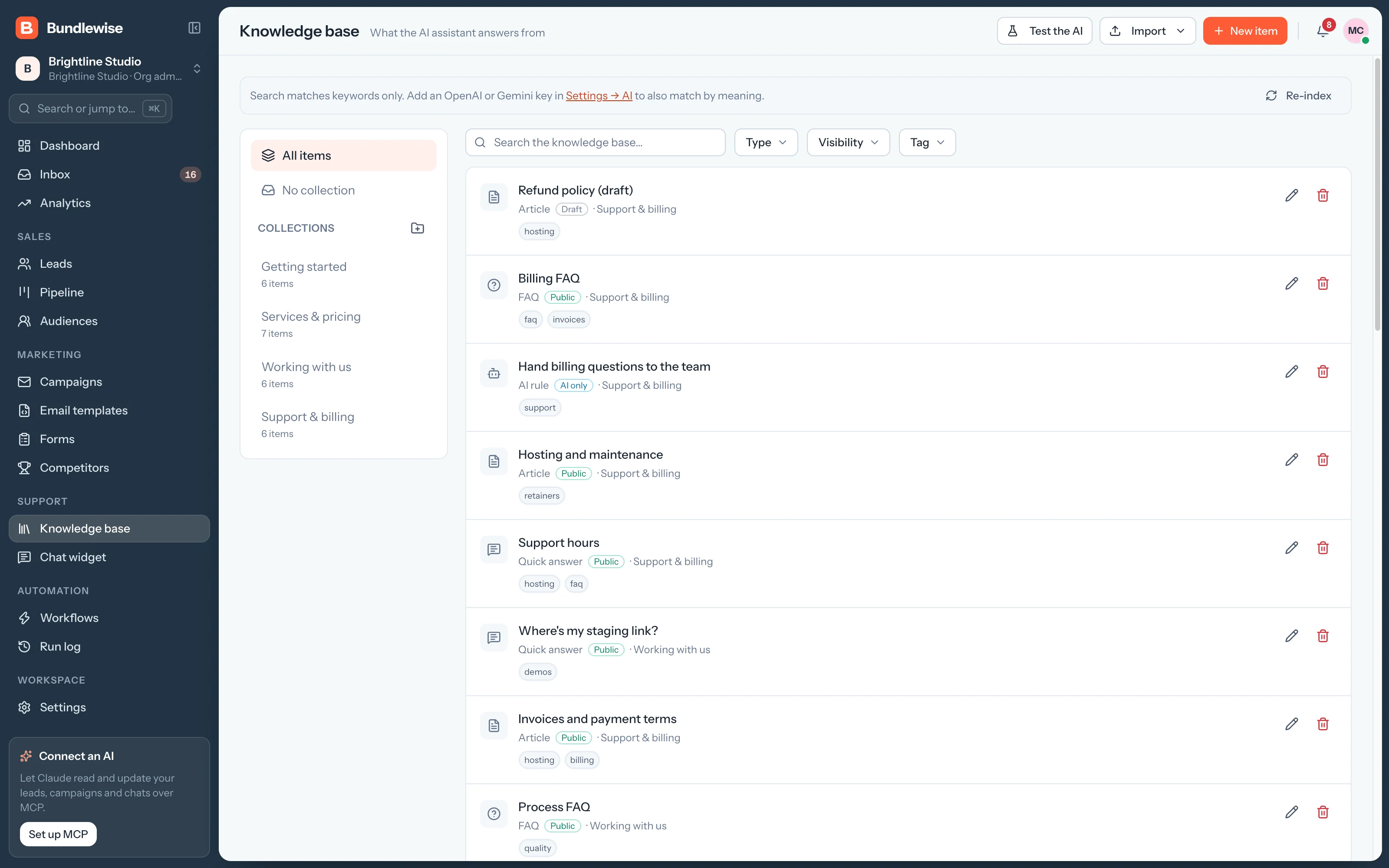 Knowledge base collections and articles
