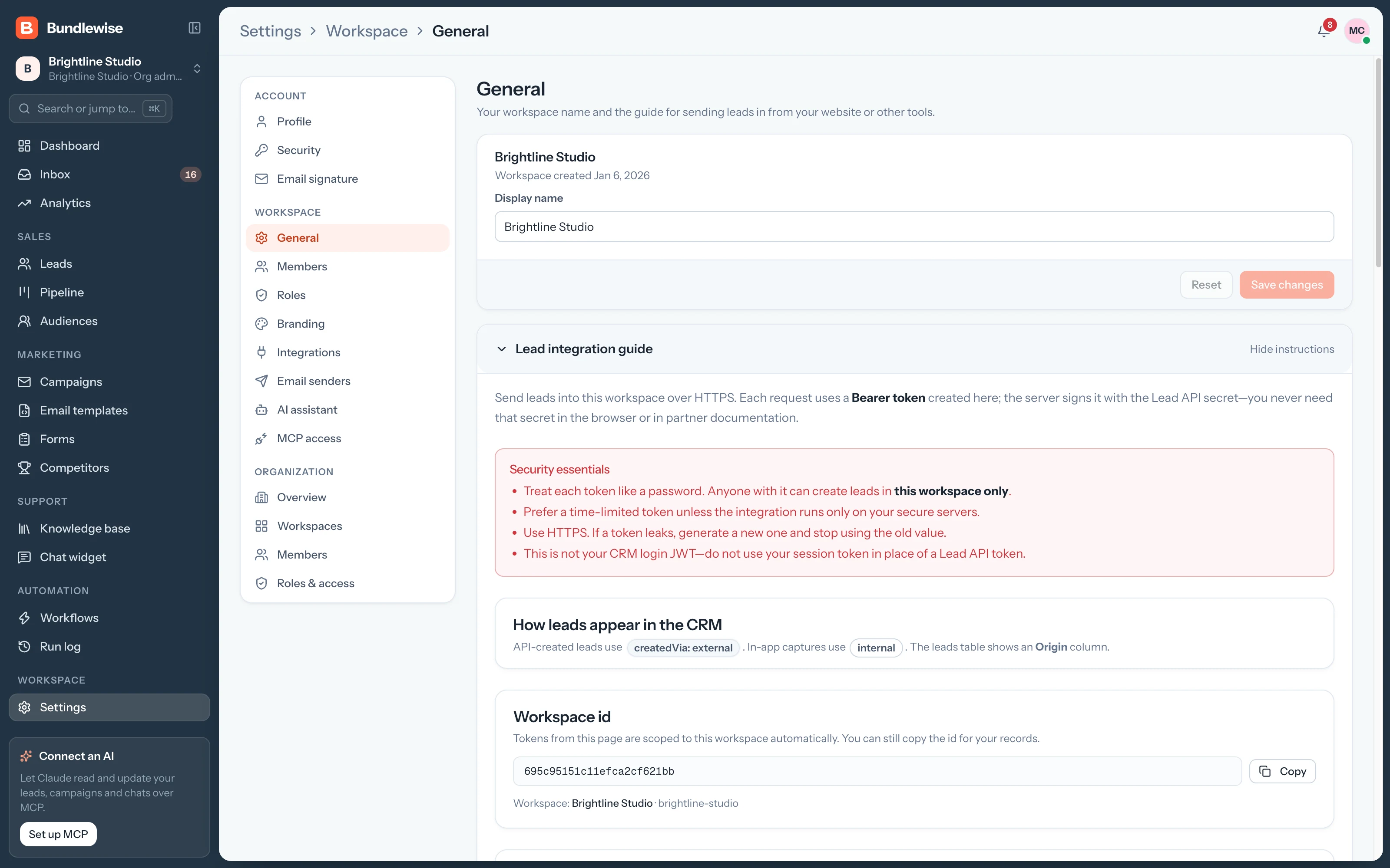 Workspace settings with the lead integration guide