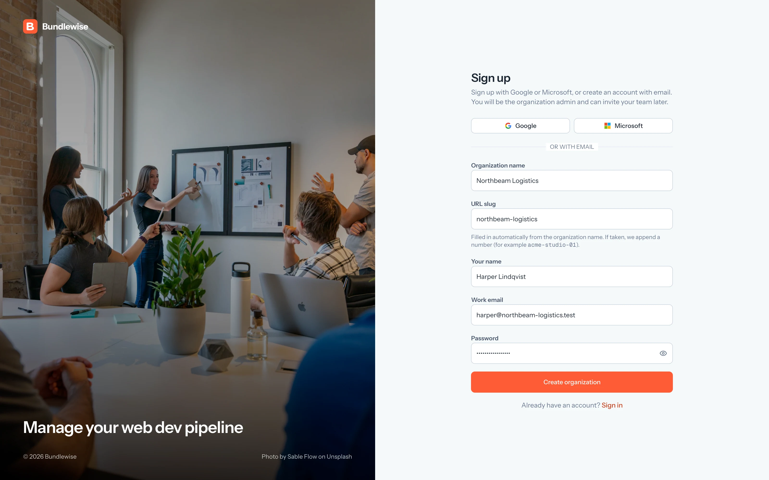 Bundlewise sign-up page