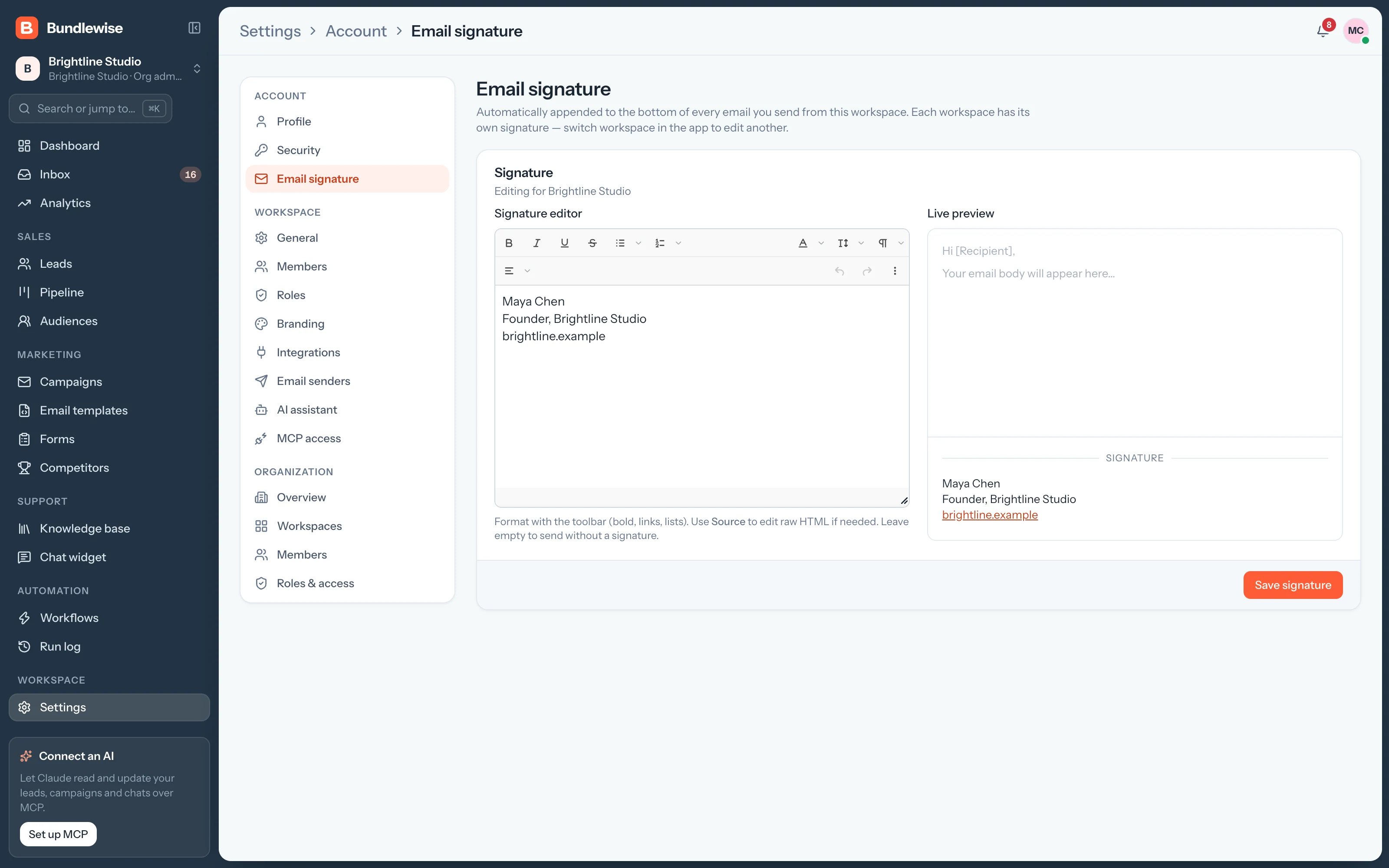 Email signature settings