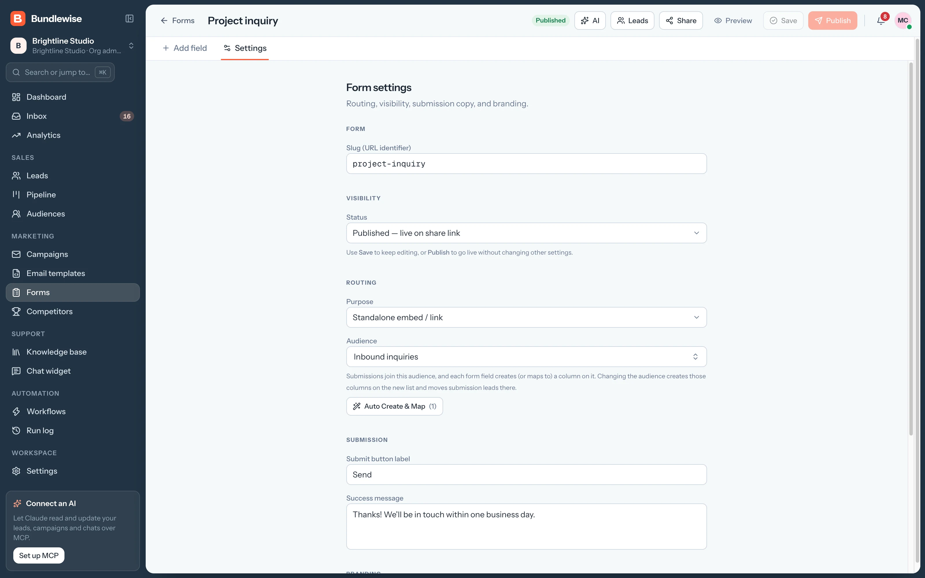 Form settings panel