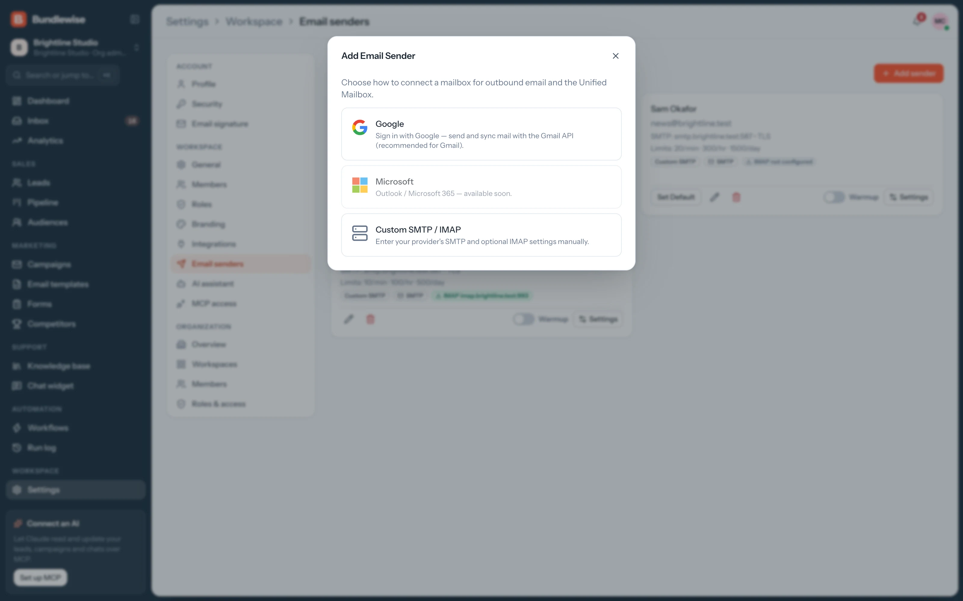 Add email sender options: Google, Microsoft and custom SMTP
