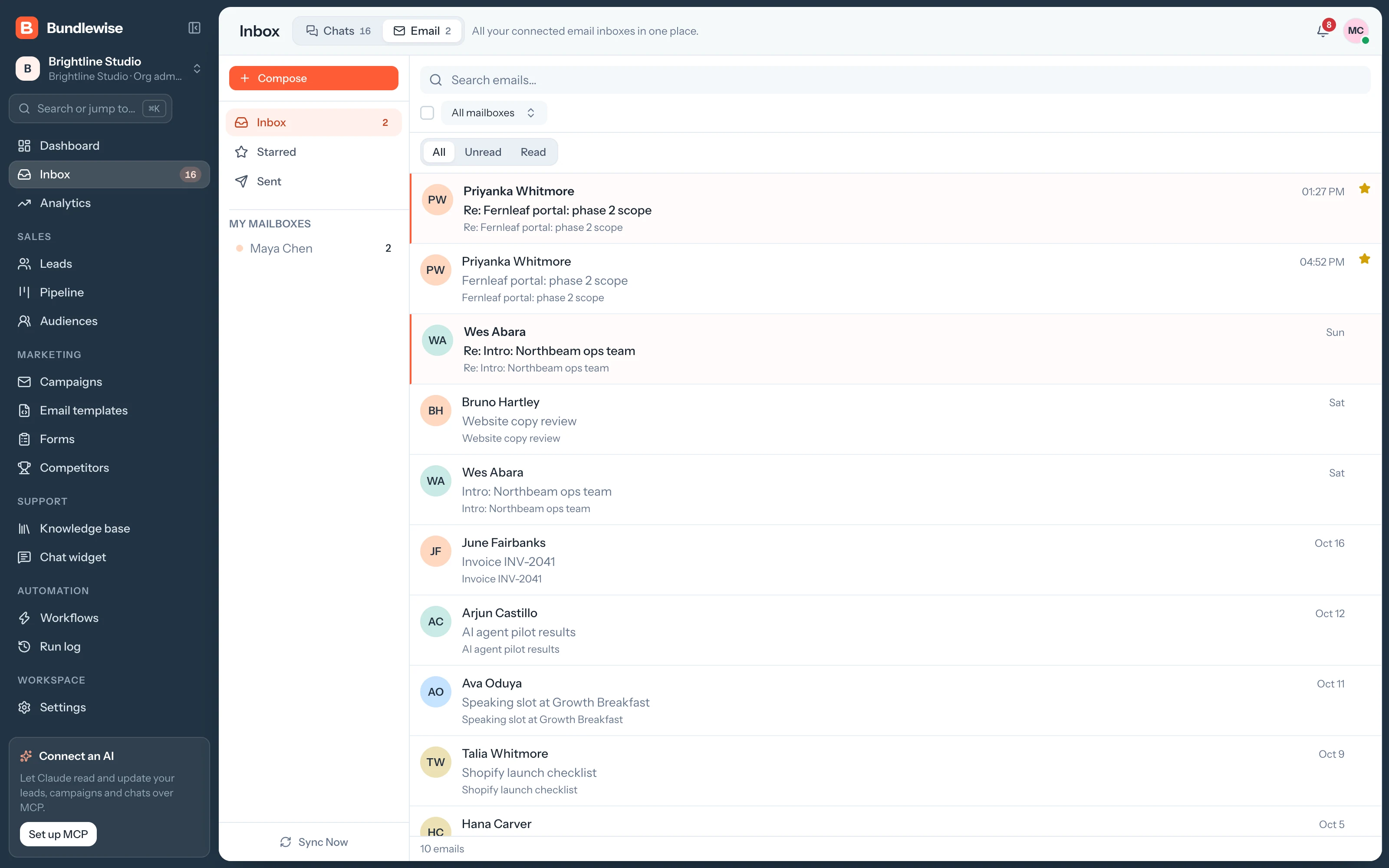 Bundlewise unified mailbox inbox