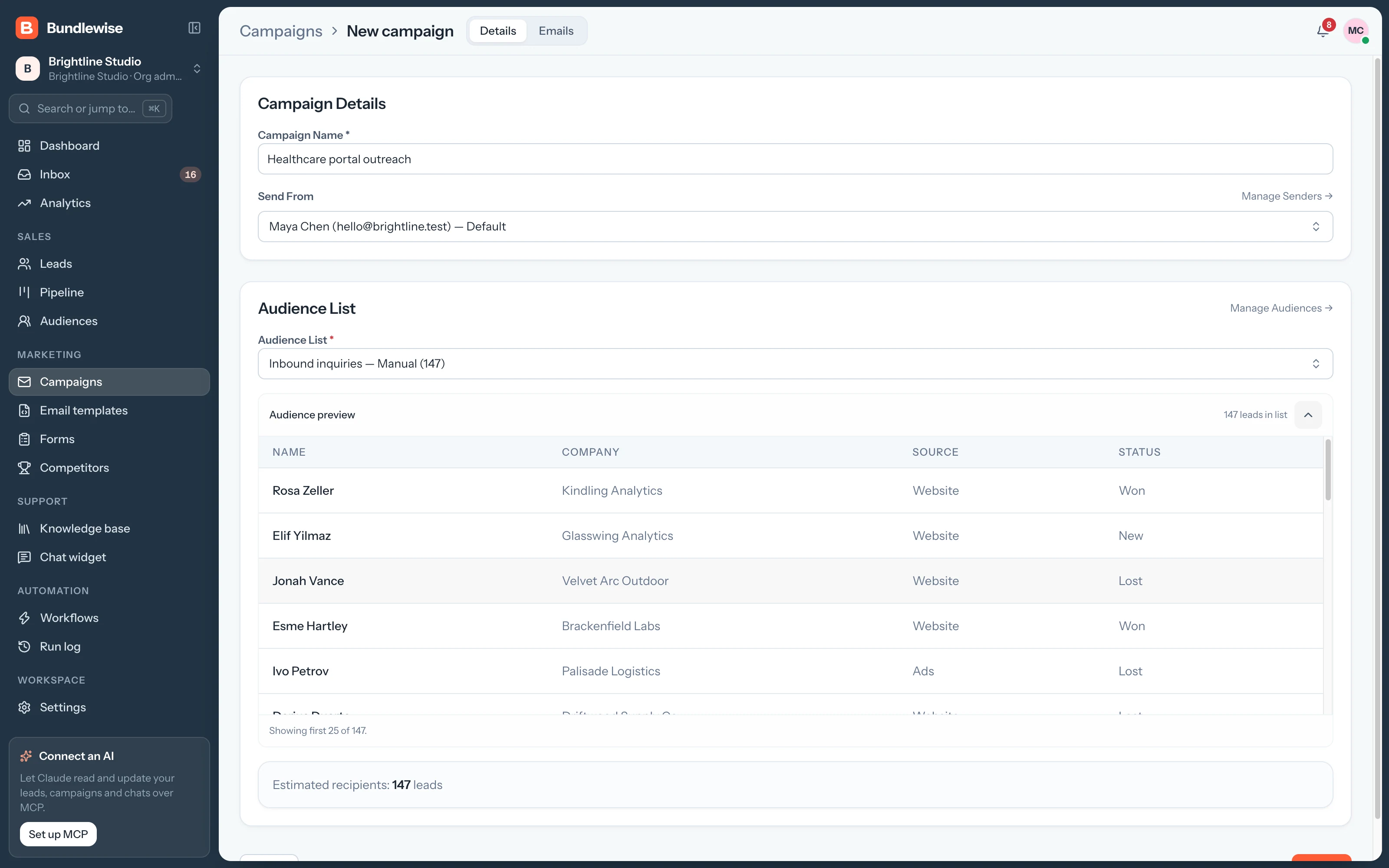 Campaign details with sender, audience and recipient preview