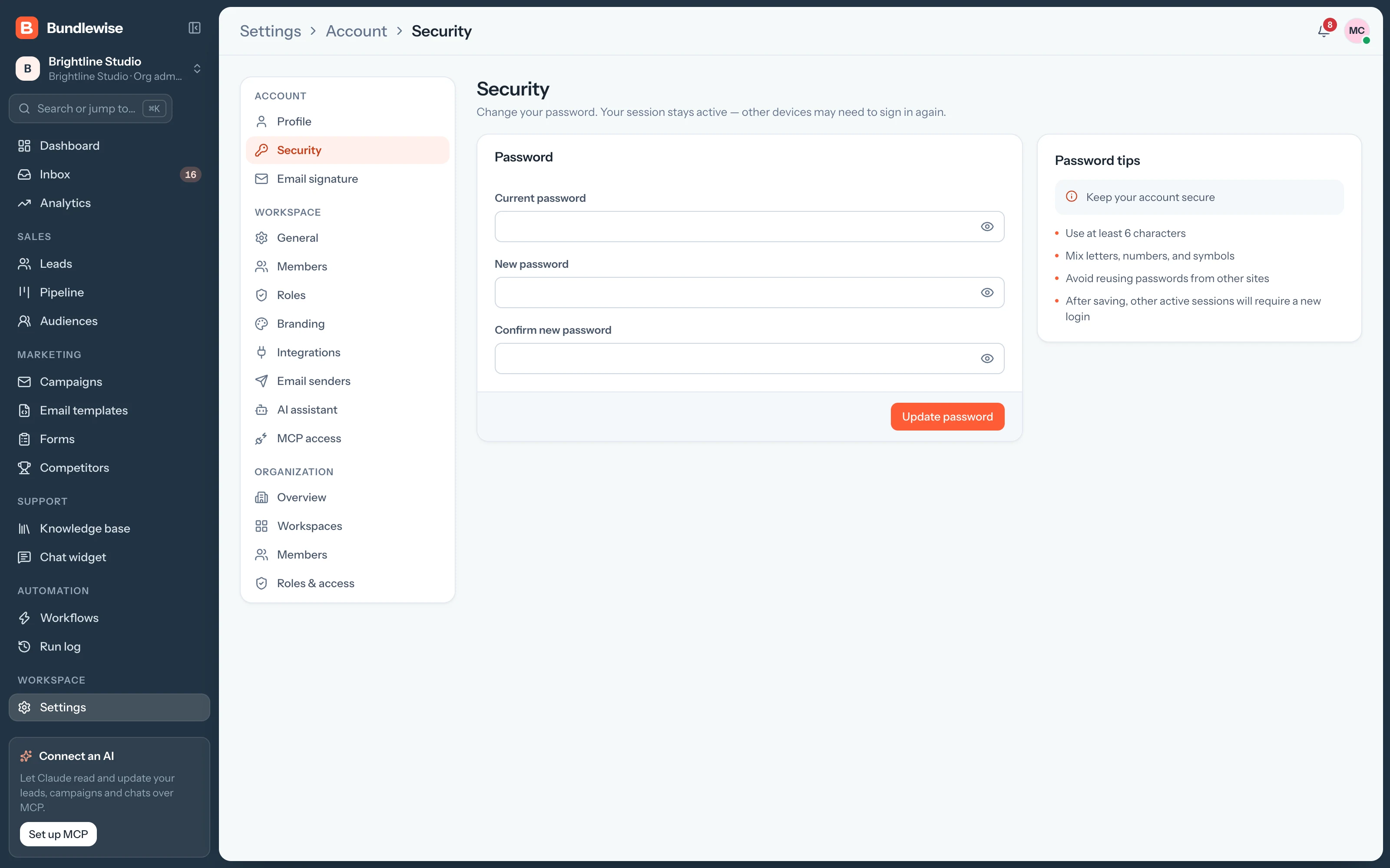Account security settings